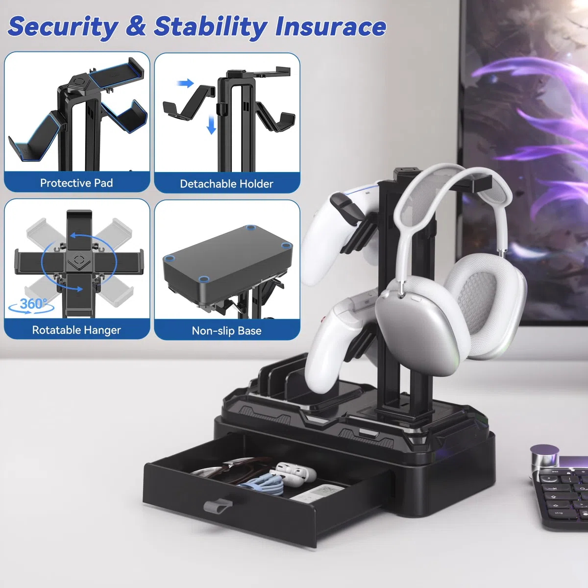 KDD Kopfhörer Ständer Gaming mit Schublade - Drehbare Headset Halterung Tisch & Controller Halter PS5 mit Geräteschlitz für Handy Tablet - Universal Headset Ständer für Alle Kopfhörer Gaming Zubehör
