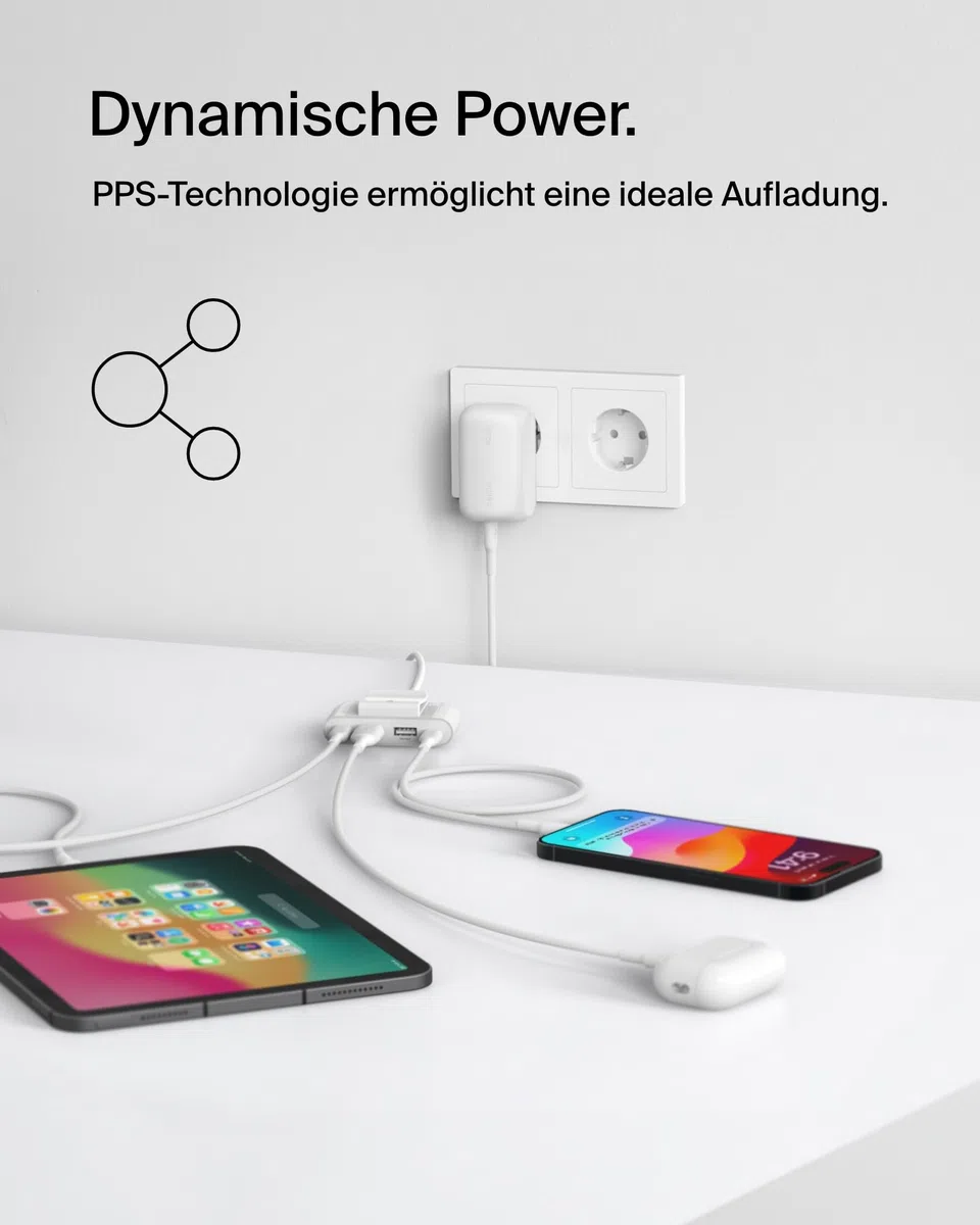 Belkin BoostCharge 42-W-USB-Ladegerät mit 2 Anschlüssen, USB-C- + USB-A-Charger; Schnellladen für iPhone 16, 16 Plus, 16 Pro, 16 Pro Max, 15, 14, 13, Galaxy S24, S23, Plus, Ultra, iPad, AirPods – Weiß