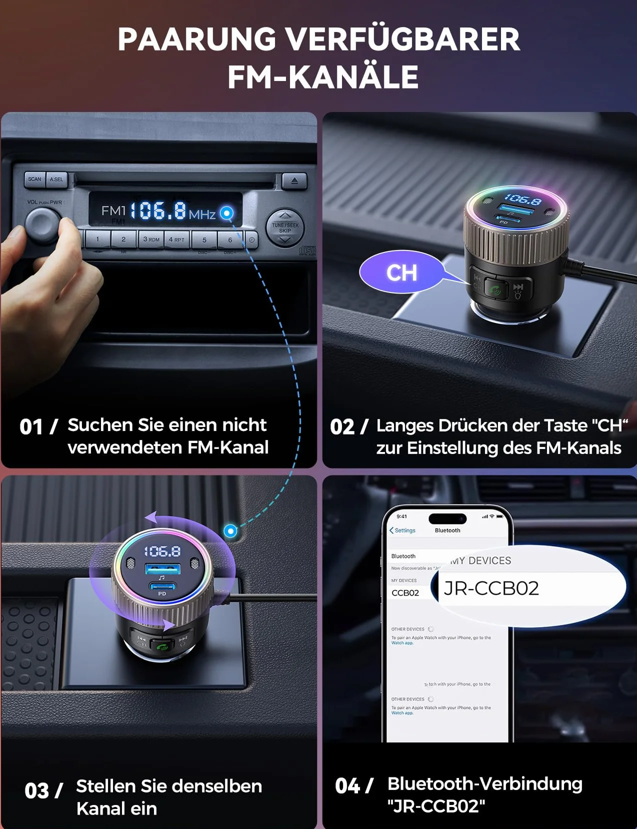 JOYROOM 2026 Neueste 5.4 Bluetooth Adapter Auto 60W [PD 30W & USB-C Spiralkabel 30W] FM Transmitter für Auto Hi-Fi Musikplayer, Freisprecheinrichtung, Dual-Mikrofon, LED-Licht, U-Disk