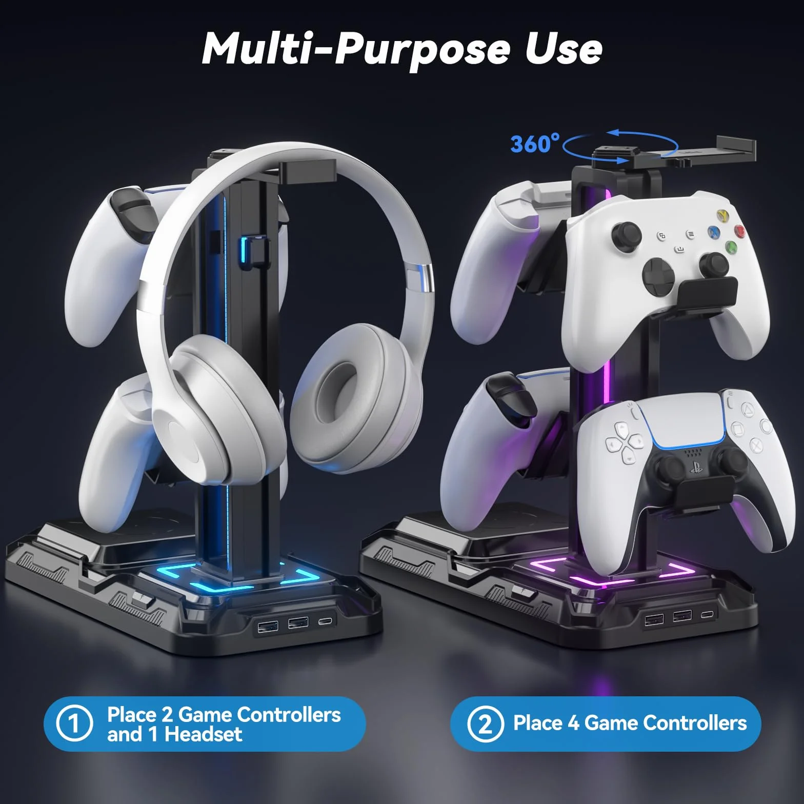 KDD Gaming Headset Halterung mit Wireless Ladegerät - Controller Halter & Kopfhörer Halter Led mit 9 Lichtmodi & 2 USB & 1 Typ-C Anschlüssen - Headphone Stand für Alle Kopfhörer PC Gaming Zubehör
