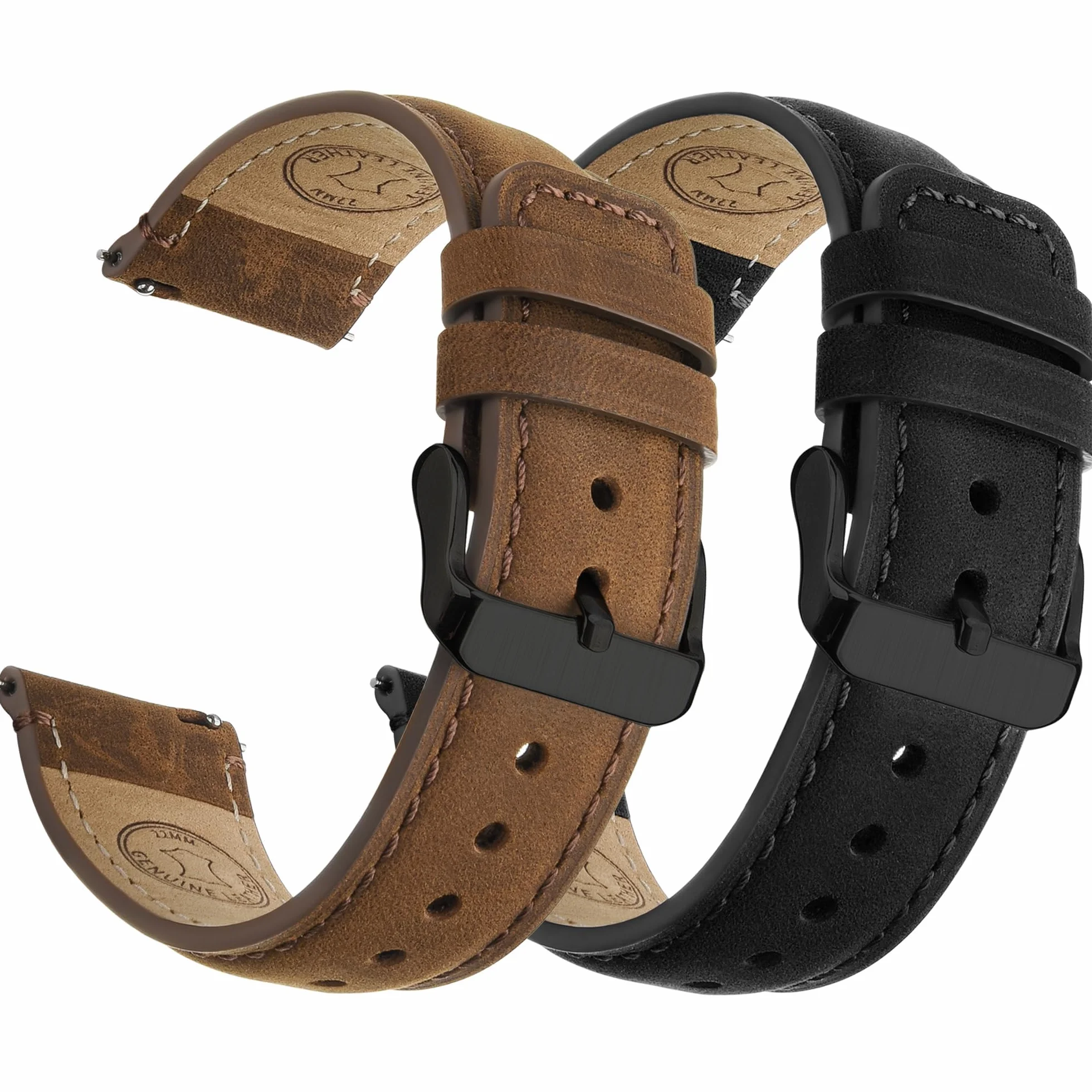 Fullmosa Echtleder Uhrenarmbänder 22mm Schnellwechsel-Armband für Damen & Herren, 2er Set Wechsel Lederarmbänder mit Edelstahl-Verschluss, Kaffee & Schwarz mit Schwarz-Verschlüsse