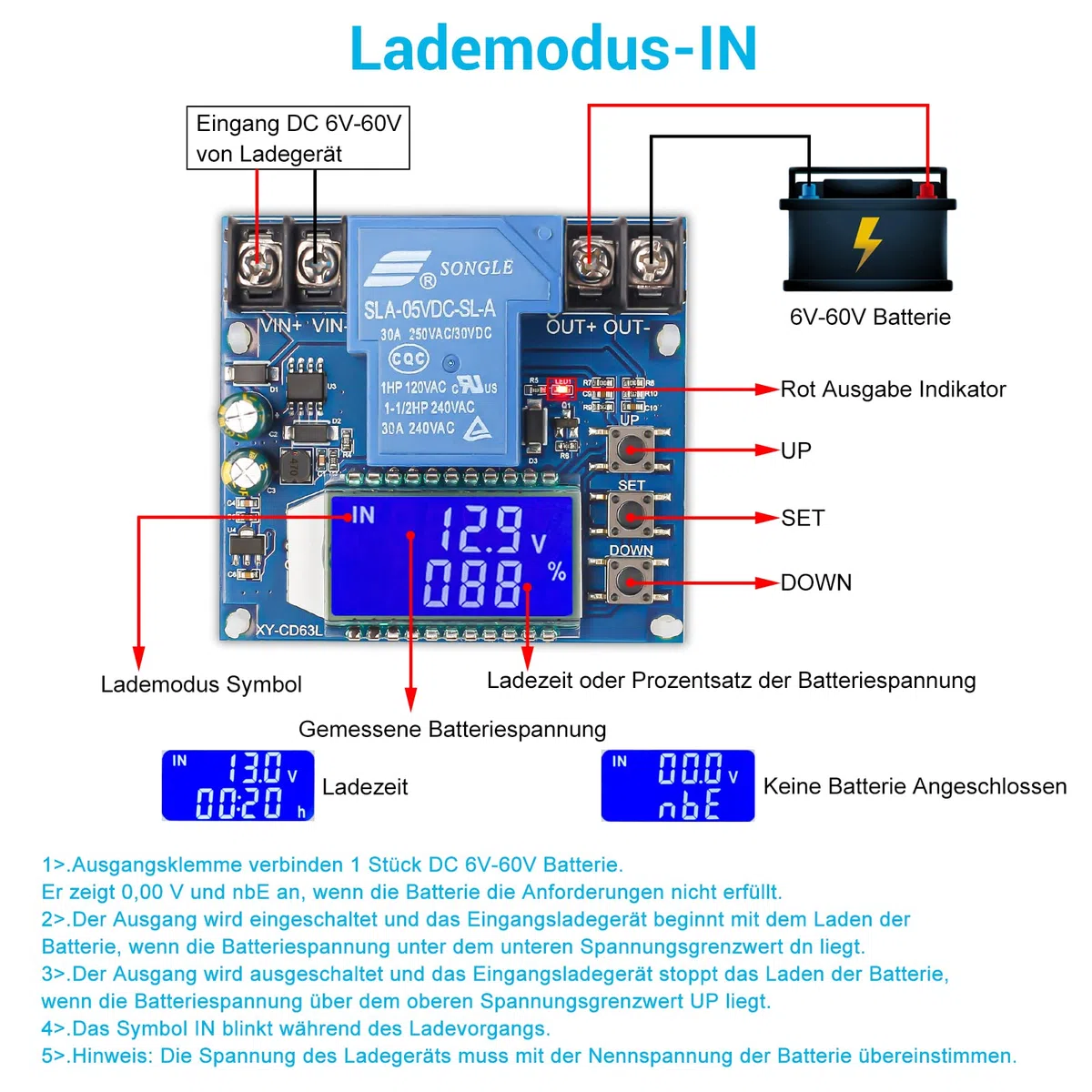 DONGKER Niederspannungs Abschaltung Schützt DC 6V-60V Digitaler Batteriewächter Schutzmodul 30A mit LCD-Display für Lithium Batterie und Blei-Säure-Batterie Programmable