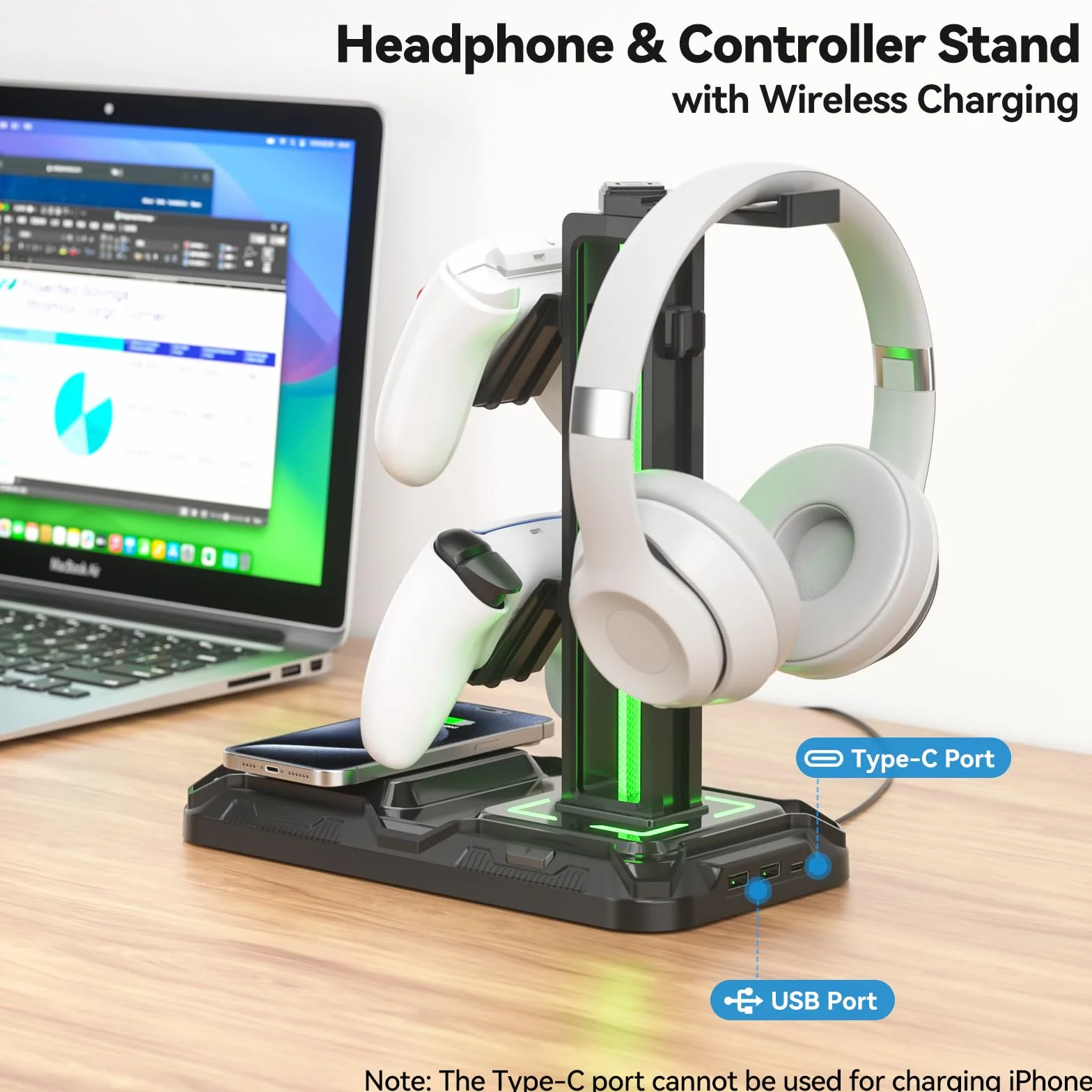 KDD Gaming Headset Halterung mit Wireless Ladegerät - Controller Halter & Kopfhörer Halter Led mit 9 Lichtmodi & 2 USB & 1 Typ-C Anschlüssen - Headphone Stand für Alle Kopfhörer PC Gaming Zubehör