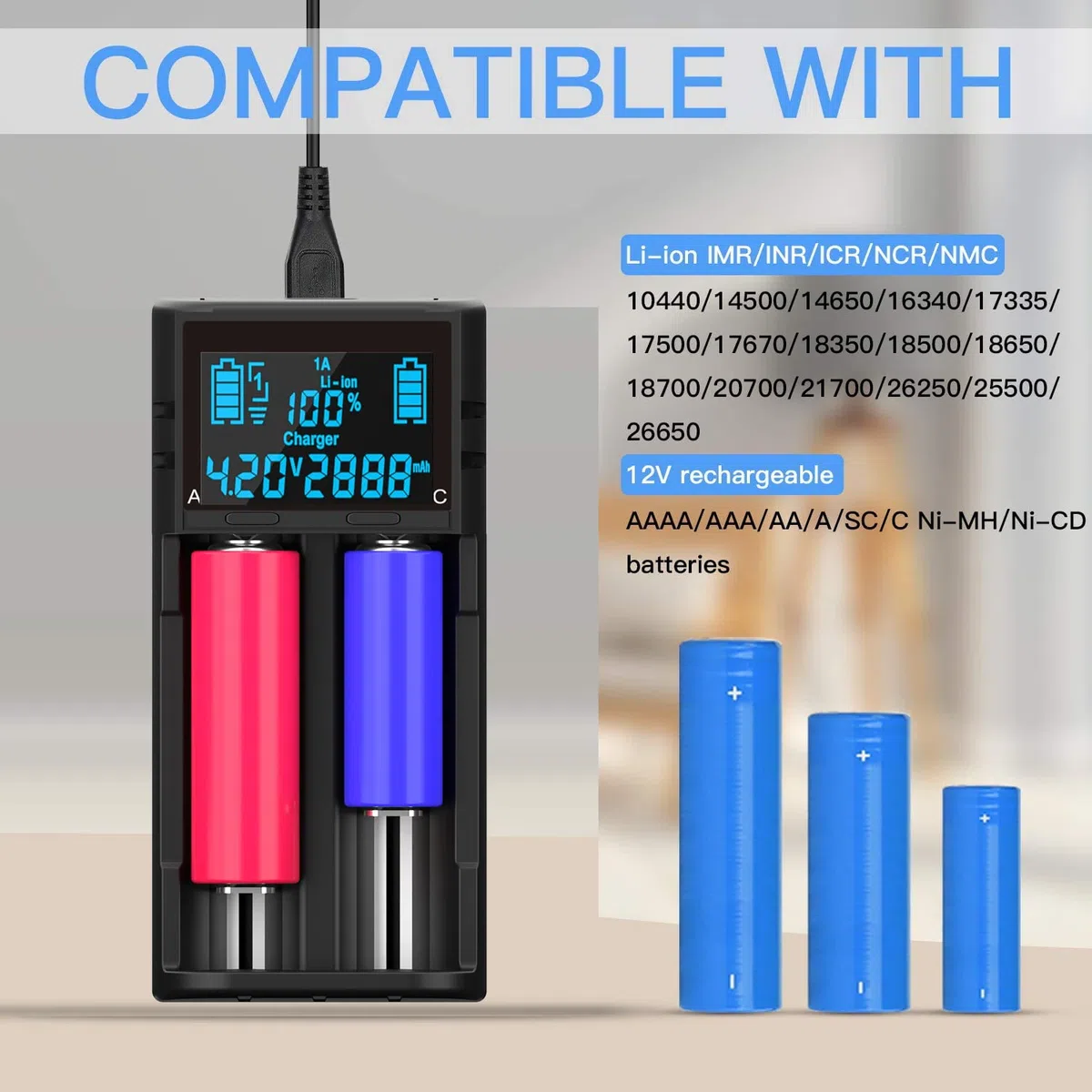LCD-2 AA 18650 Akkuladegerät 3,7 V 1,2 V, LCD-Bildschirm kann die Kapazität anzeigen, 2 A Schnellladegerät für Li-Ion-Akkus 26650 21700 18490 18350 17670 17500 16340 14500, RCR123A, NI-MH/NI-Cd AAA