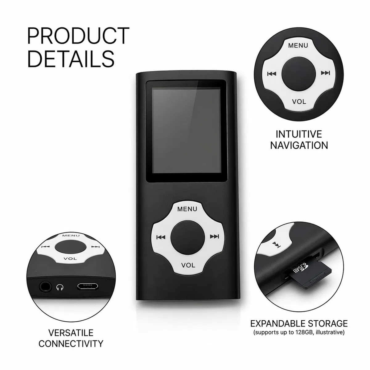 MP3 Player 32GB mit MicroSD Karte, Tragbarer MP4 Musik Player mit 1,8 Zoll Farbdisplay, HiFi Musikplayer mit FM Radio, E-Book, Sprachrekorder, Bis 18H Akku, Unterstützung 128GB TF Karte, Kopfhörer