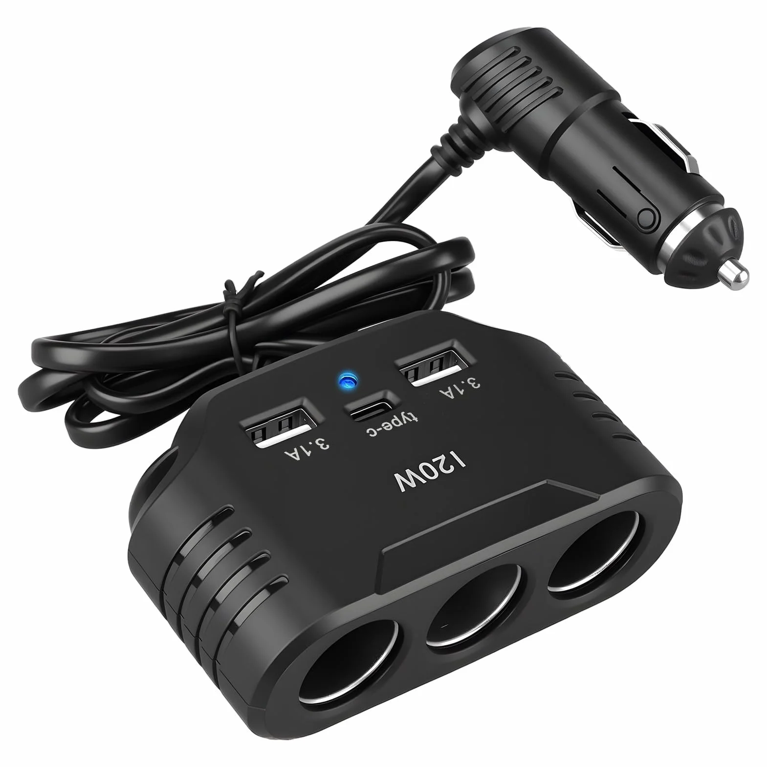 120W Zigarettenanzünder Verteiler 12V 24V, KFZ Ladegerät Auto Adapter mit 3 Steckdosen 2 USB-A Anschlüssen 1 Type C Anschlüsse, Cigarette Lighter Socket mit LED für Handy GPS Dashcam Sitzheizung