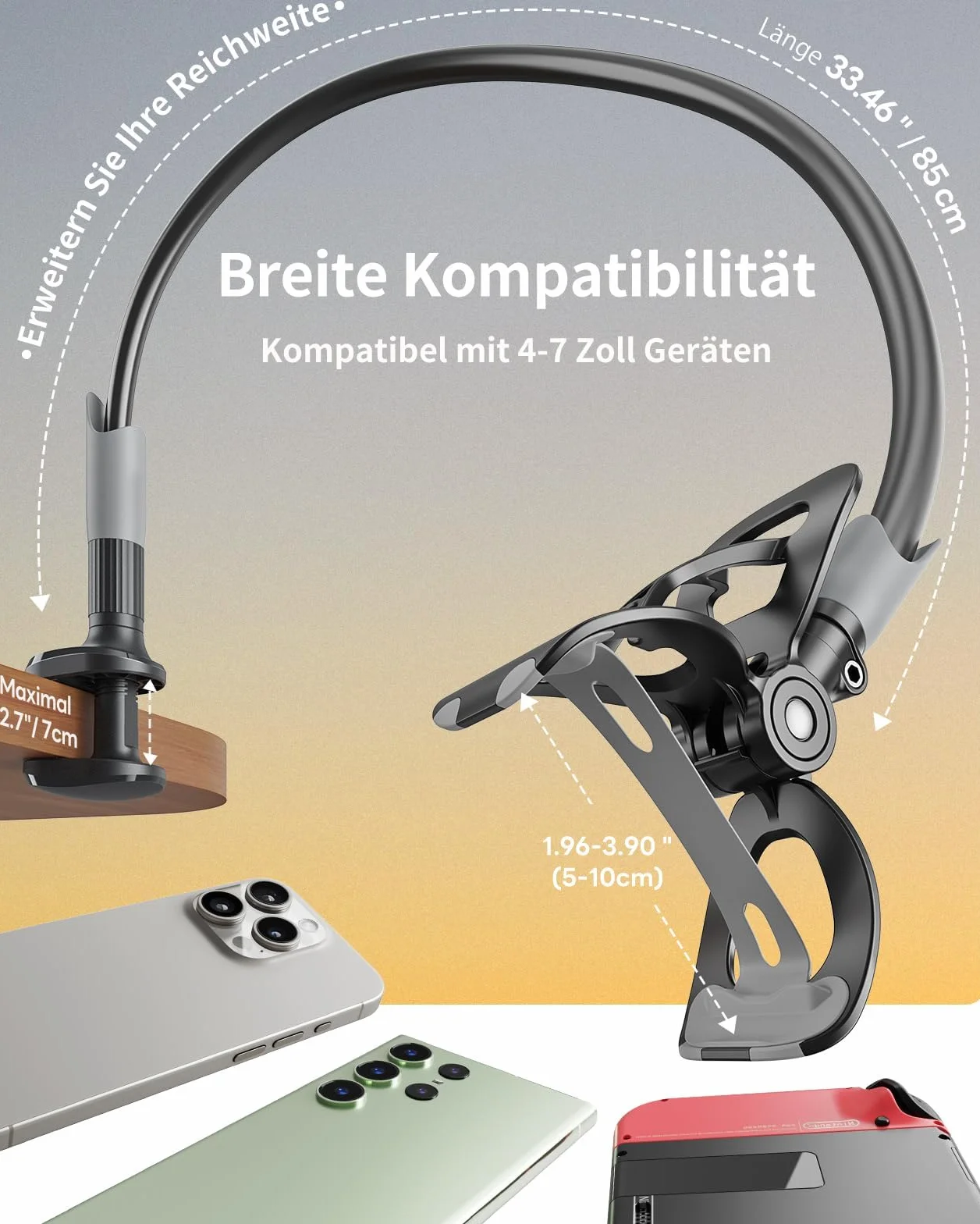 SAIJI Handy Halter für Bett, Schwanenhals Handy Halterung, 360 Drehbare Lang Arm Handy Ständer, für iPhone 17 16 15 14 13 12 Pro, 4"-7" Screen (Schwarz)