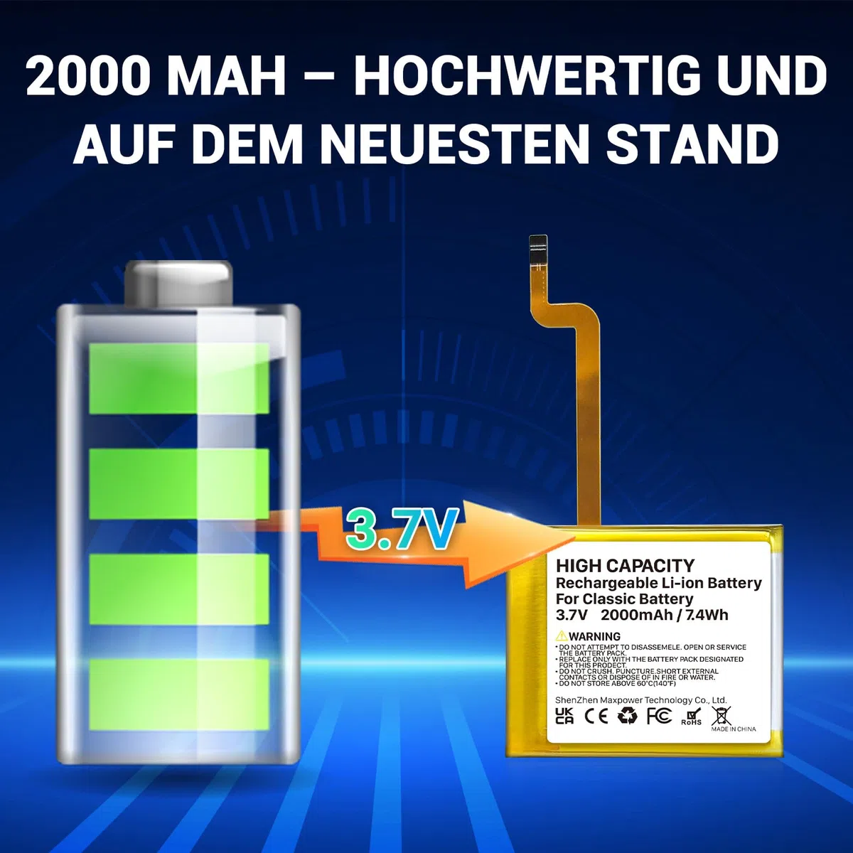 2000mAh Akku für Classic der 5. Generation, quadratischer Ersatzakku mit hoher Kapazität für MP3-Player, kompatibel mit Video/Classic Thin der 5. bis 7. Generation