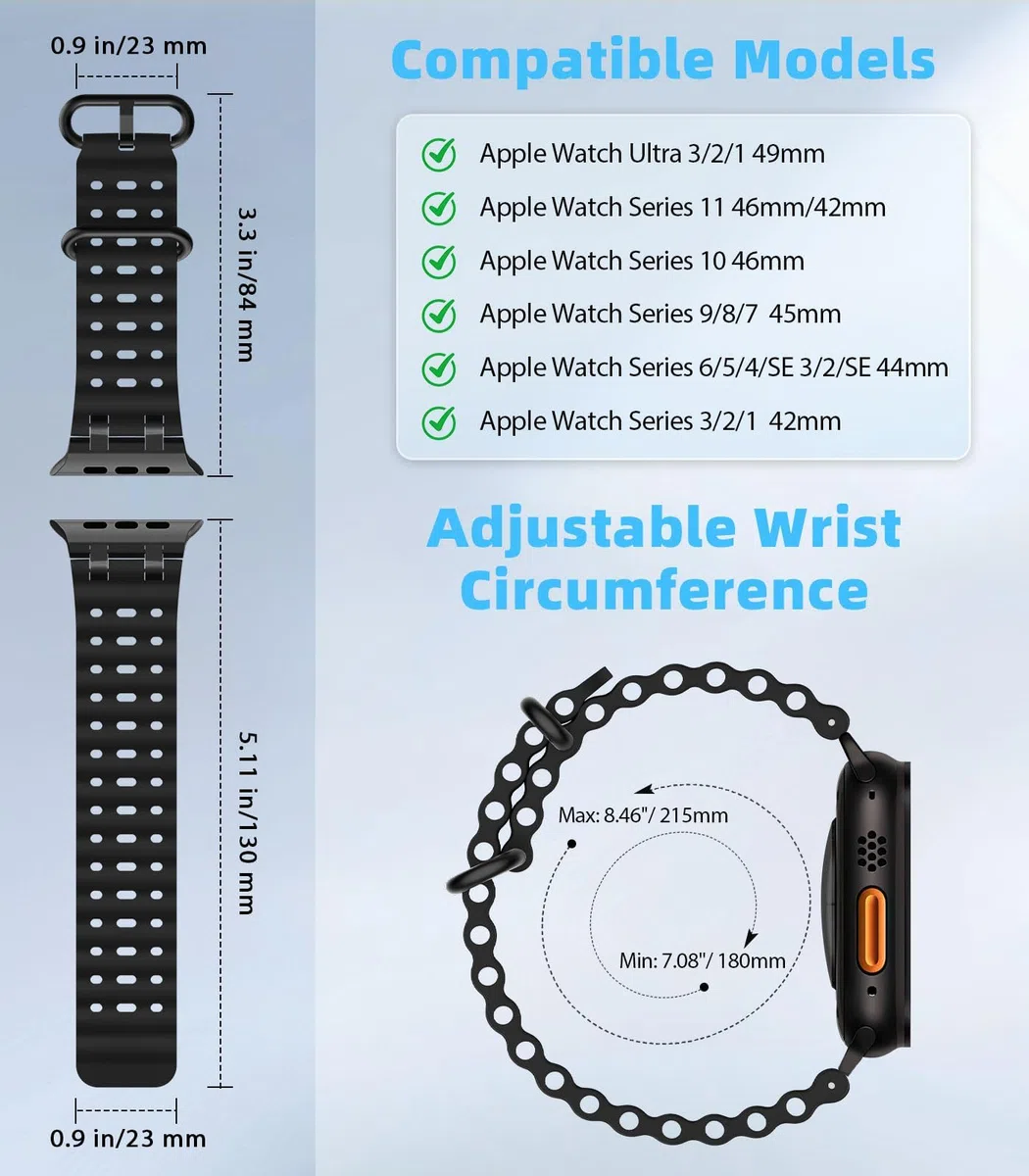 MoKo Ocean Armband Kompatibel mit Apple Watch Ultra 3/2/1 49 mm, S11/S10 46 mm, 9/8/7 45 mm, SE3/SE2/SE/6/5/4 44 mm, 3/2/1 42 mm, Atmungsaktives Silikon-Sportarmband mit Metallverbinder Männer Frauen