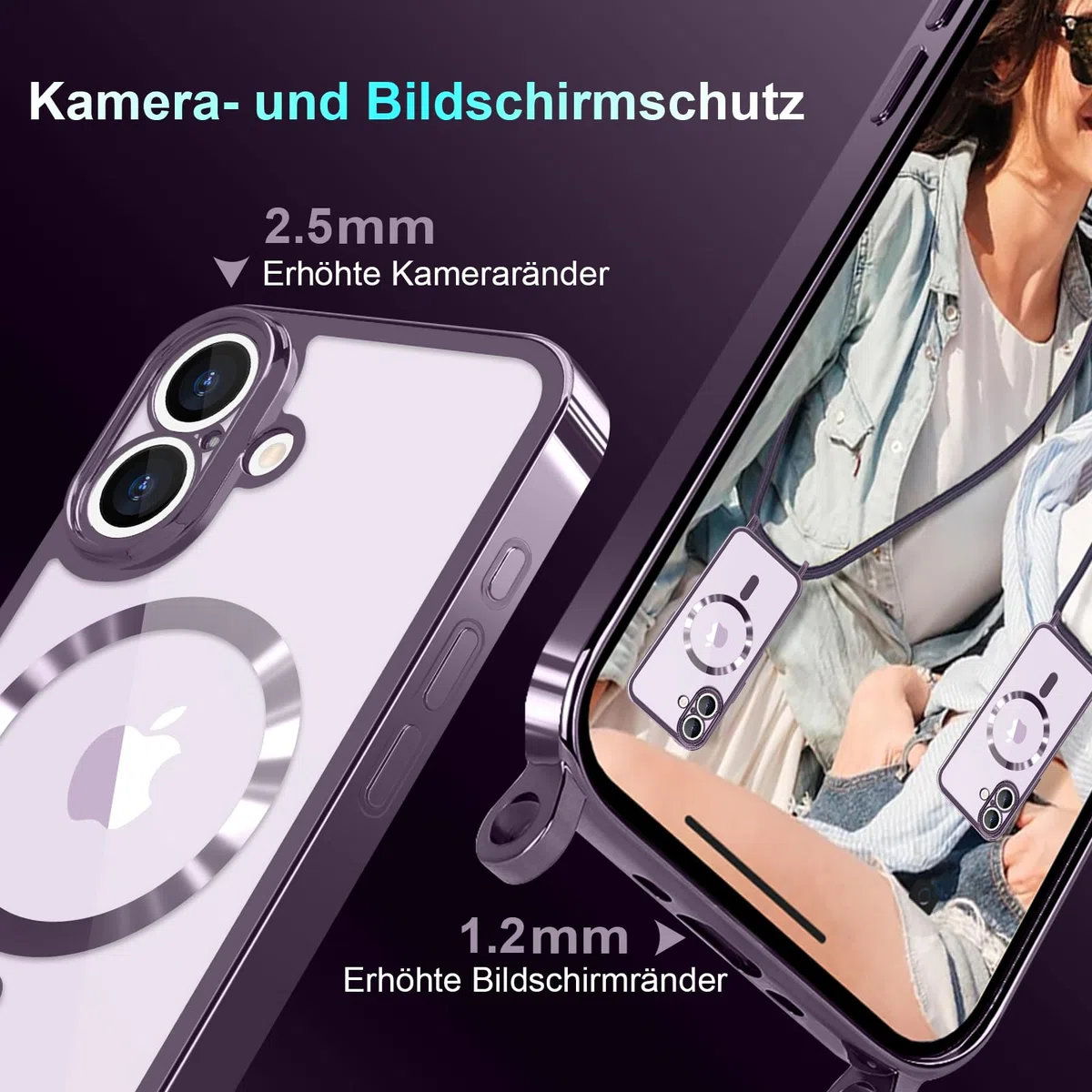 Handyband für iPhone 17 Hülle mit Band + 2 Stück Glas Schutzfolie Transparent Silikon Handyhülle Magnetische Schutzhülle Case zum Umhängen Kordel für iPhone 17 Lila