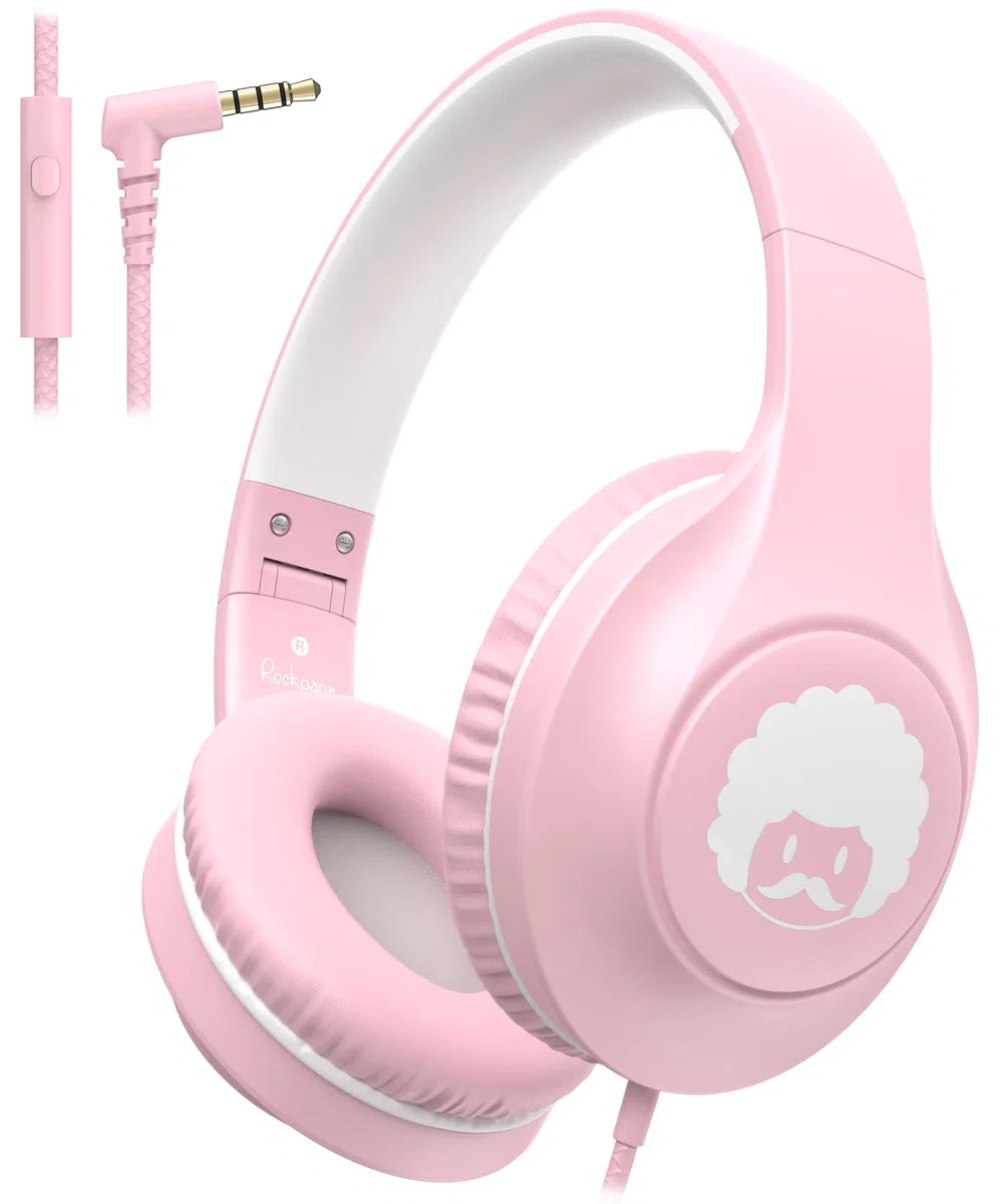 RockPapa C24 Kinder Kopfhörer mit Kabel, HD-Mikrofon, Leichte, Faltbare Kabel kopfhörer mit 3,5 mm Jack, On-Ear Stereo Bass Kopfhörer für Schule/Reise/Telefon Pink Weiß