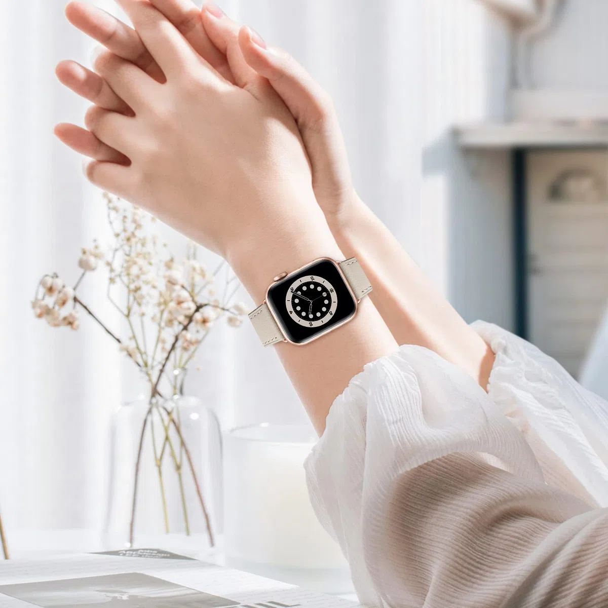 WFEAGL Kompatibel für Apple Watch Armband 40mm 41mm 38mm 42mm(Series 11 10),Lederband Ersatzband für Herren Damen Kompatibel für iWatch Series 11/10/9/8/7/6/5/4/3/2/1,SE/SE2, Elfenbein Weiße+Roségold)