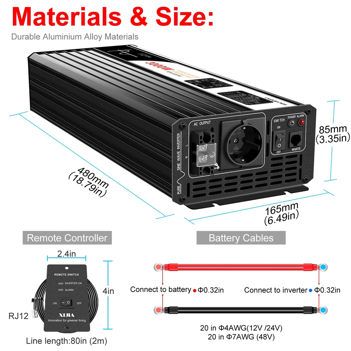 Xijia 3000W Wechselrichter 12V 230V Reiner Sinus Spannungswandler (6000W Spitzenleistung), LCD-Display & 4m Fernbedienung, Inverter für Wohnmobil, Boot, Camping, Solar Inselanlage - DC auf AC