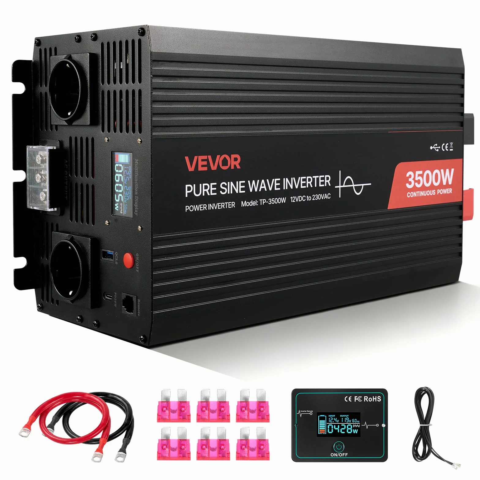 VEVOR 3500 W Wechselrichter, 12 V DC auf 230 V AC, Reiner Sinus-Wechselrichter, Solar-Autoladegerät-Konverter mit LCD-Display, Fernbedienung, USB-Anschluss, 2 AC-Steckdosen, Typ-C-Anschluss