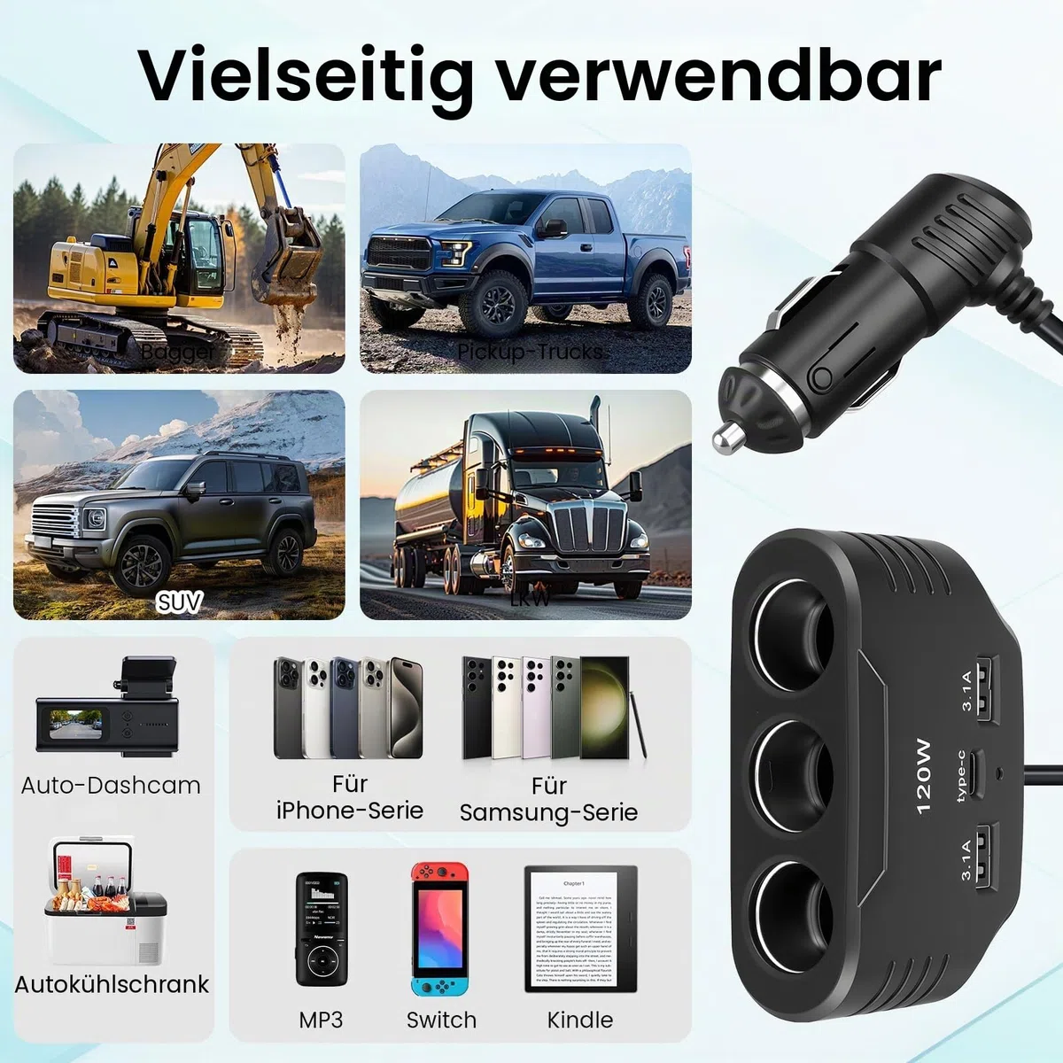 120W Zigarettenanzünder Verteiler 12V 24V, KFZ Ladegerät Auto Adapter mit 3 Steckdosen 2 USB-A Anschlüssen 1 Type C Anschlüsse, Cigarette Lighter Socket mit LED für Handy GPS Dashcam Sitzheizung