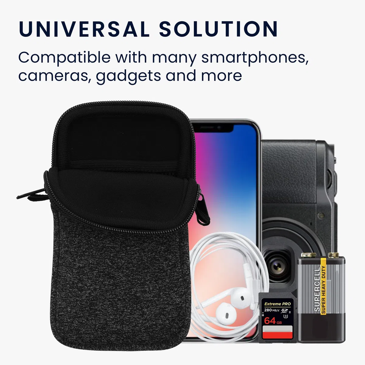 kwmobile Handytasche für Smartphones XL - 6,7/6,8" - Neopren Handy Hülle Anthrazit Weiß mit Kordel - Handy Tasche mit Handykette 17,2 x 8,4 cm Innenmaße