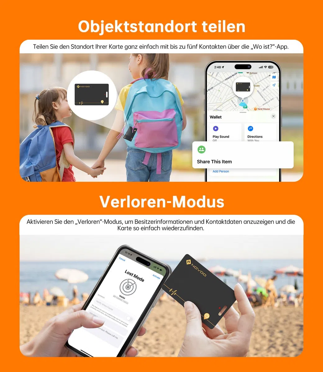 NOVOO Wiederaufladbarer Tracker Air Tag Karte Slim kompatibel mit Apple Find My (nur iOS),Bluetooth Tracker, IP68 Wasserdicht,Dünne Geldbörsenfinder SmartTag Tracker Karte für Wallet,Reisepässe,Gepäck