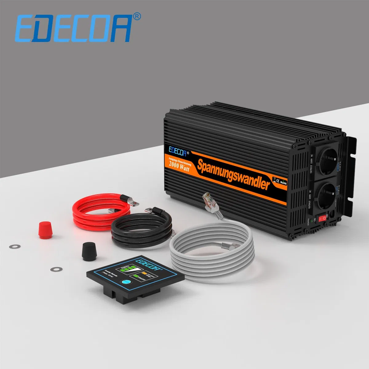 EDECOA Wechselrichter 2000w 24v 230v Spannungswandler mit Neuer Fernbedienung 2X USB und Bildschirm für Sonnenkollektor KFZ Wohnmobi (2000w)