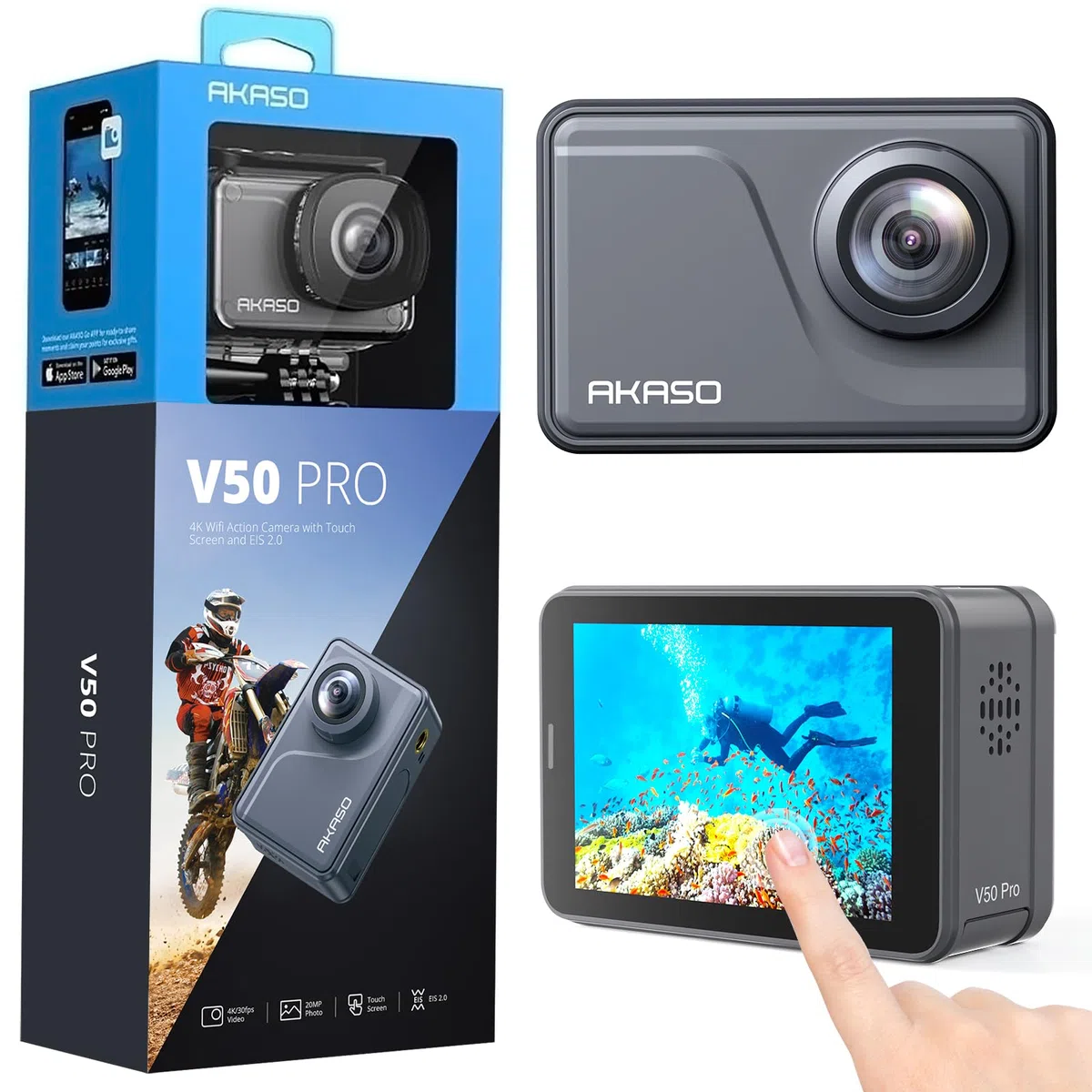 AKASO V50 Pro Sportkamera, 4 K, 30 fps, 20 MP, WiFi – Kamera 4 K, wasserdicht, Ultra HD, EIS-Stabilisator mit Fernbedienung, Touchscreen, Weitwinkel, verstellbar – Unterwasser-Sportkamera 40 m und