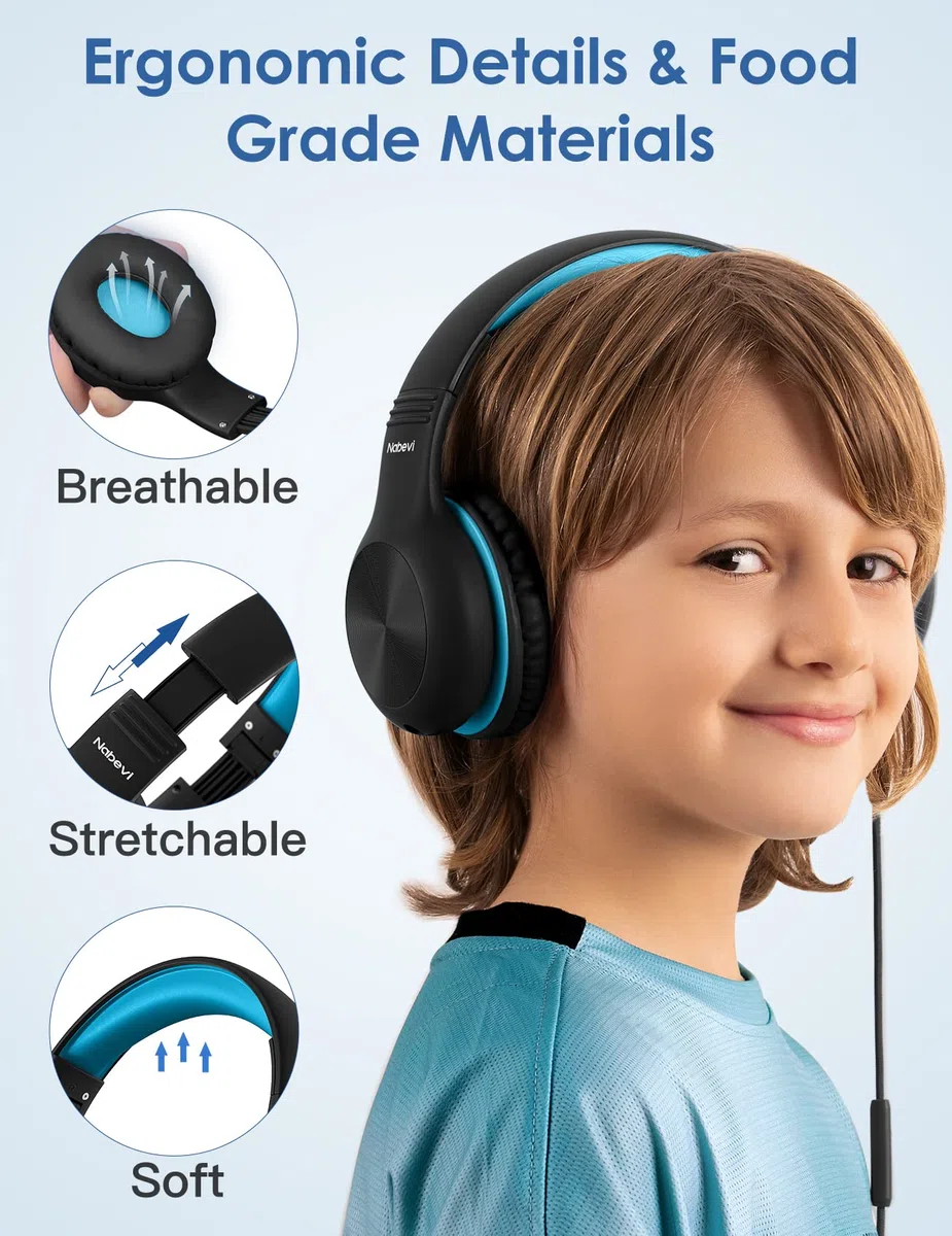 Nabevi Kinder Kopfhörer, Kopfhörer Kinder mit Kabel, 85/94dB Lautstärkegrenze, HD-Ton, Sharing-Funktion, Verstellbare Faltbare kinderkopfhörer mit Mikrofon für Schule/Reise/PC/Telefon, Schwarz Blau