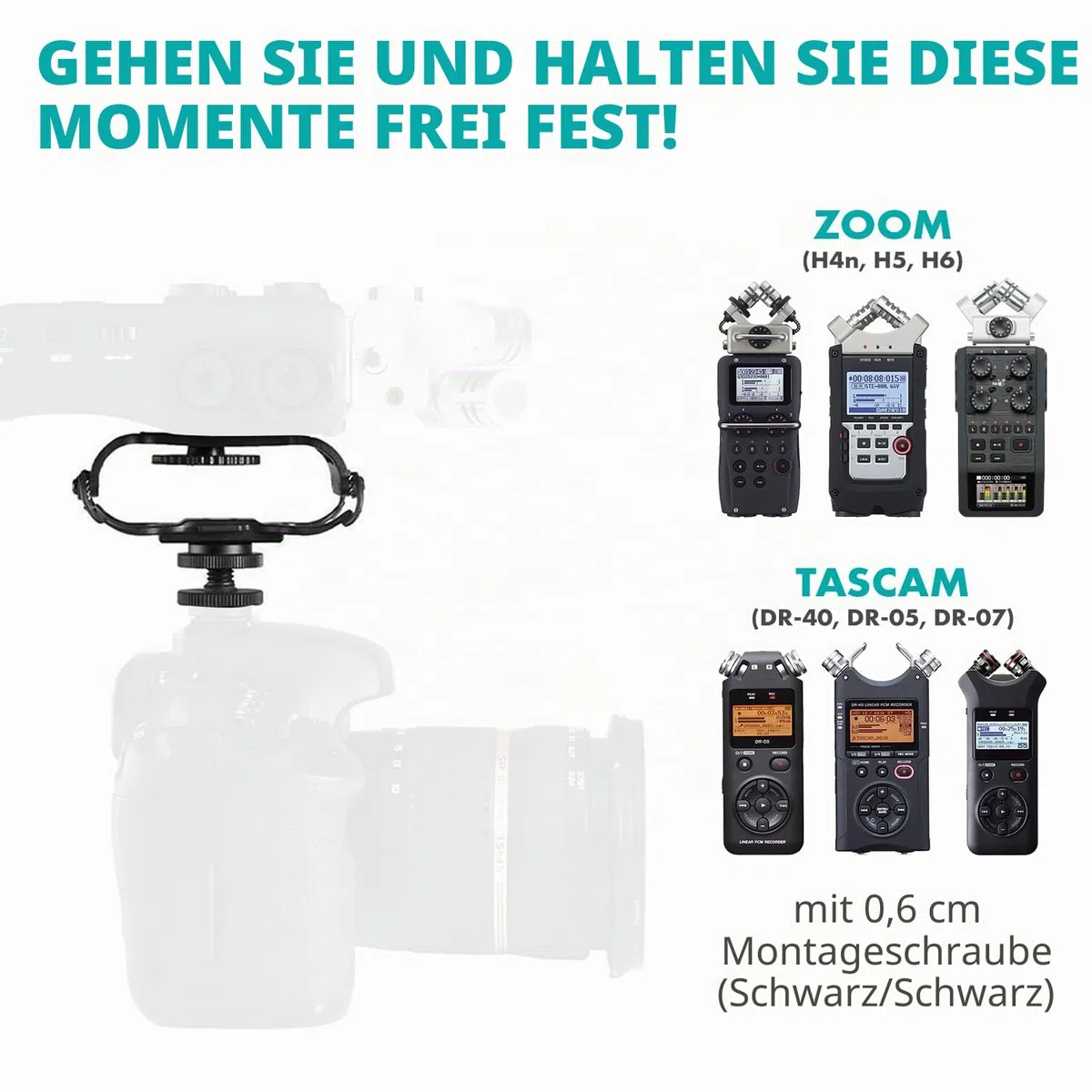 Movo SMM5-B Universal-Mikrofon und tragbare Recorder-Stoßdämpferhalterung – passend für Zoom H1n, H2n, H4n, H5, H6, Tascam DR-40x, DR-05x, DR-07x und andere mit einer 1/4-Zoll-Befestigungsschraube
