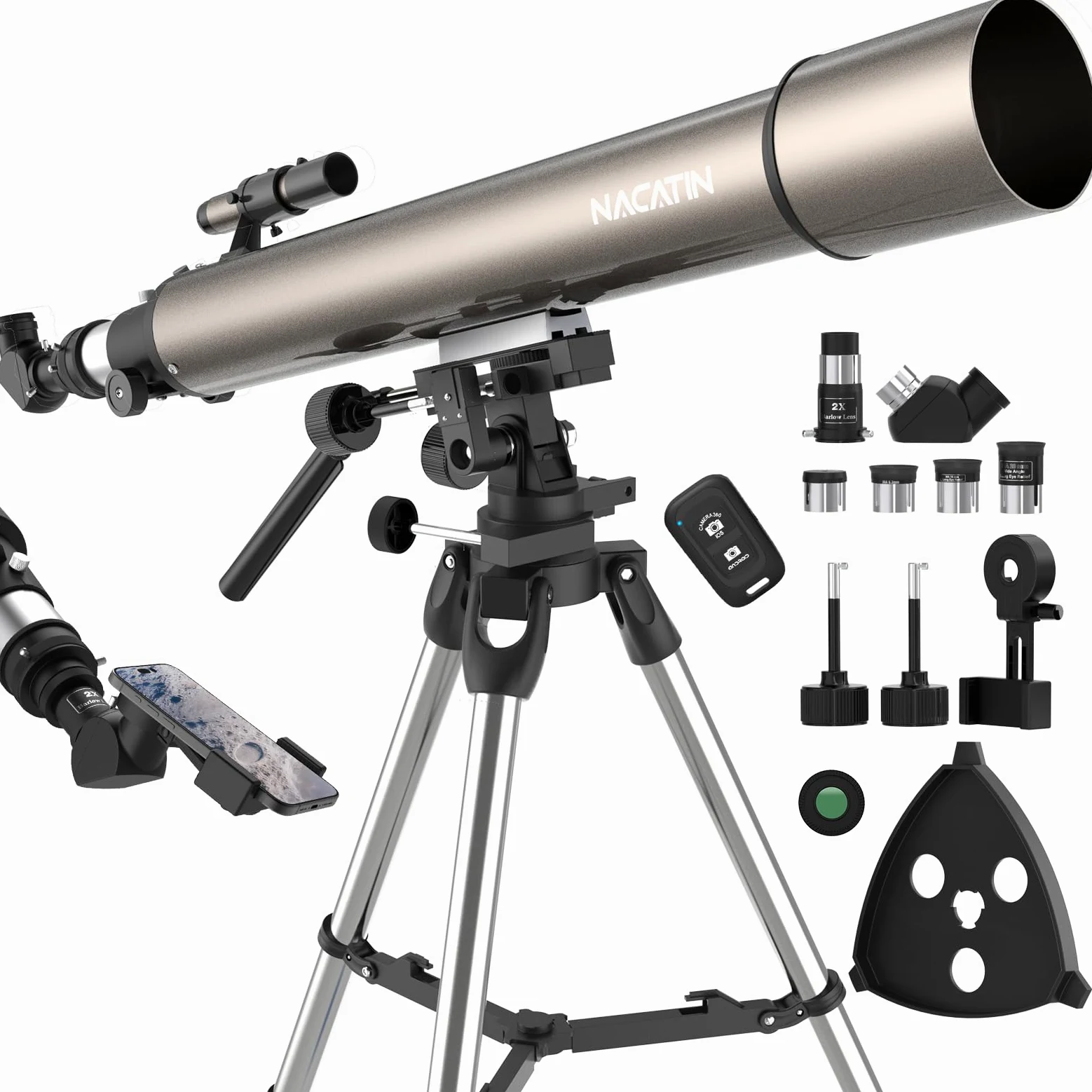 NACATIN Astronomische Refraktor Teleskope für Erwachsene & Einsteiger, mit Äquatorial- oder Azimutalmontierung, hochwertige Optik für Mond, Planeten und Sterne (Grau, 102/900)