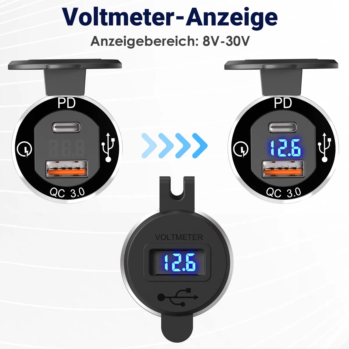 USB Din Hella Steckdose Adapter für BMW Motorrad: USB C PD 30W Ladegerät 12V Wasserdicht EU Typ C USB Stecker QC3.0 Anschluss mit LED Voltmeter für iPhone DC 12-24 Volt Europäisch Ducati Triumph BMW