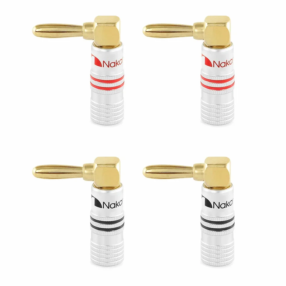 Nakamichi 24K vergoldeter Bananenstecker 12 AWG - 18 AWG Gauge Größe 4mm für Lautsprecher Verstärker Hi-Fi AV Receiver Stereo Heimkino Audiokabel Stecker Rechtwinkliger Stecker, 4 Stück (2-Paar)
