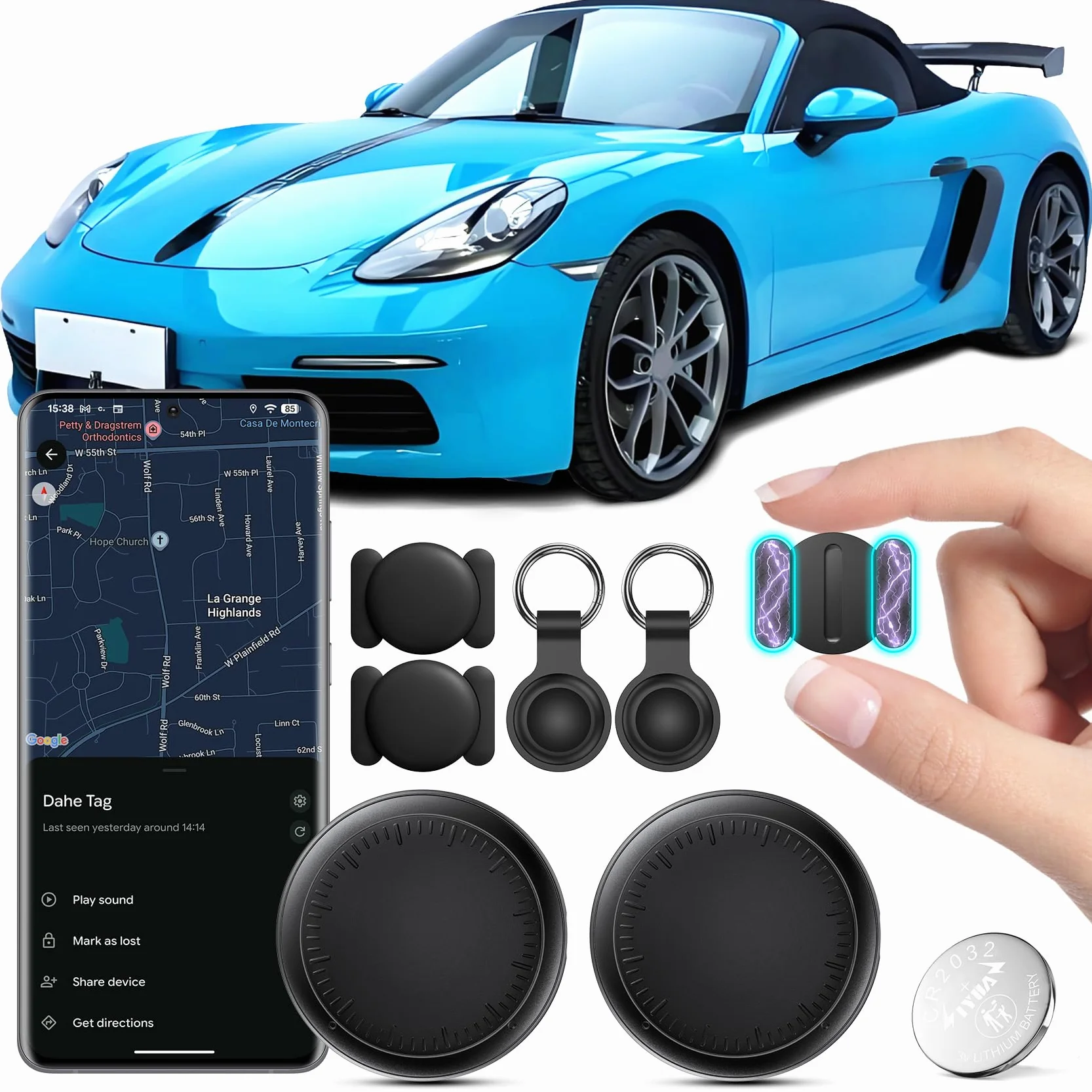 GPS Tracker für Auto, 2PCS GPS-Tracker für Fahrzeuge Echtzeit Air Tracker Android, Globale Abdeckung Magnetischer Auto Tracker Verstecktes Ortungsgerät Keine monatliche Gebühr Abonnement (Schwarz)
