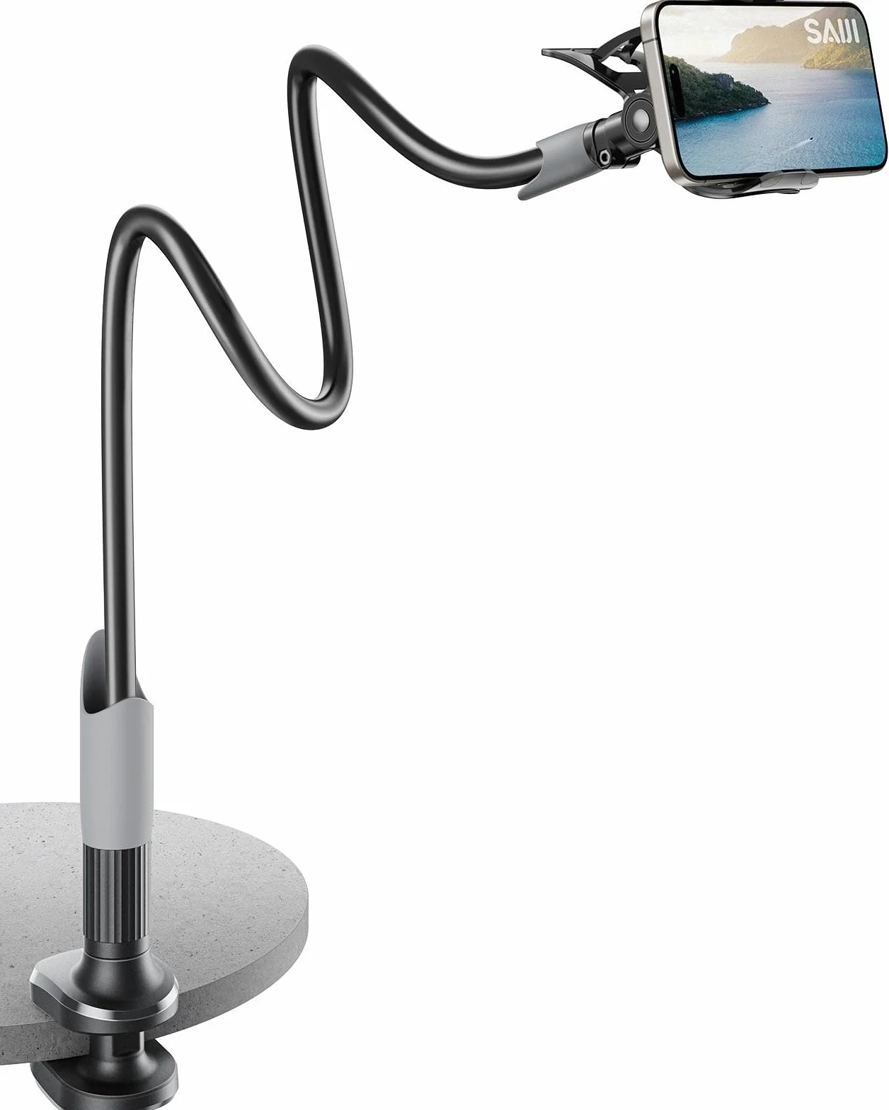 SAIJI Handy Halter für Bett, Schwanenhals Handy Halterung, 360 Drehbare Lang Arm Handy Ständer, für iPhone 17 16 15 14 13 12 Pro, 4"-7" Screen (Schwarz)