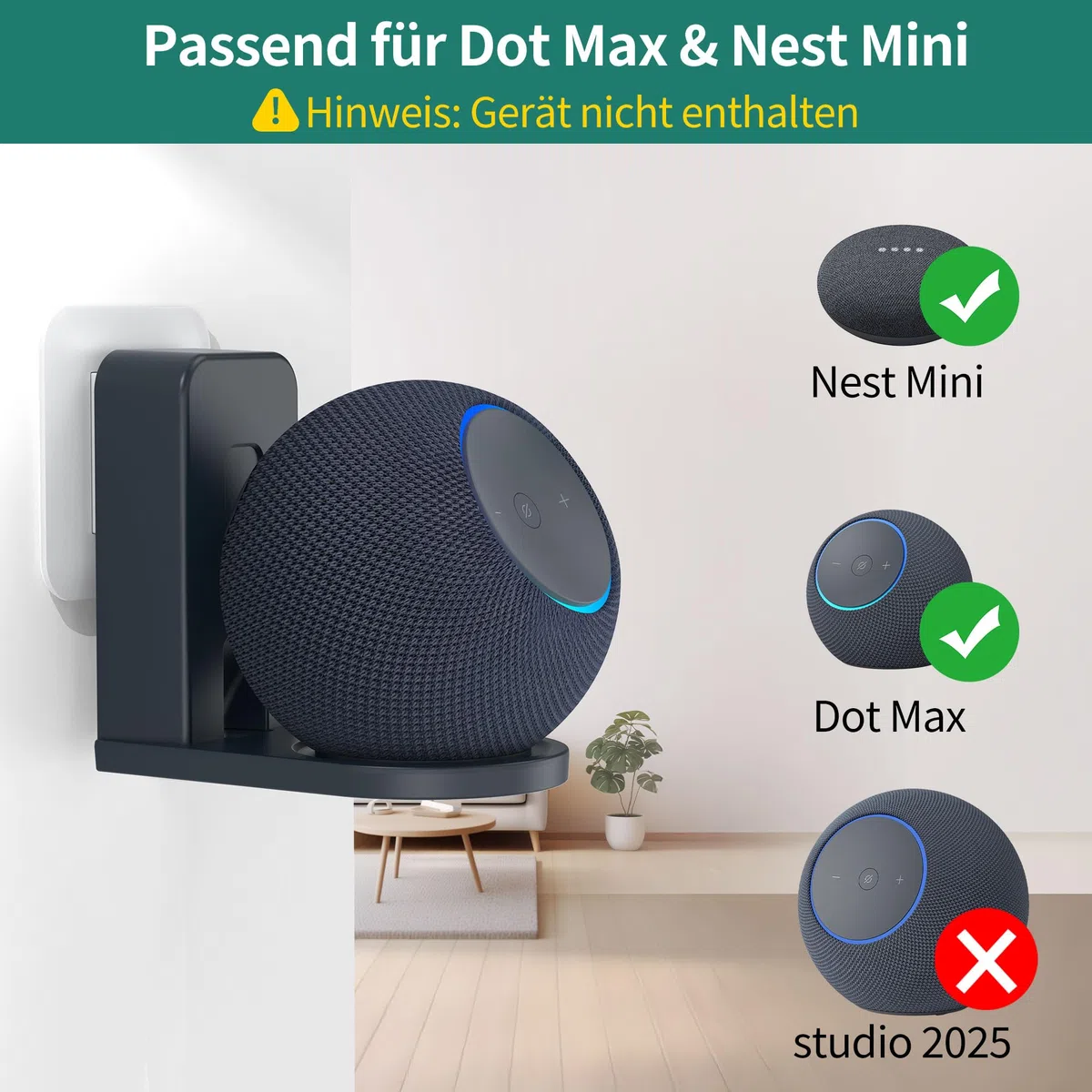 HomeMount Wandhalterung für Dot Max & Nest Mini, Steckdosen-Halter mit Kabelmanagement, Ohne Bohren, Platzsparend, Sicher & Stabil (Graphit)