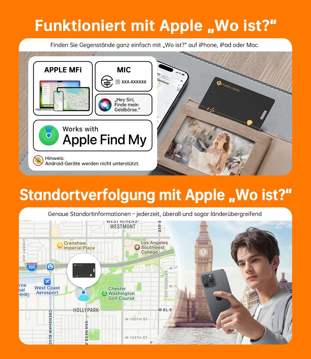 NOVOO Wiederaufladbarer Tracker Air Tag Karte Slim kompatibel mit Apple Find My (nur iOS),Bluetooth Tracker, IP68 Wasserdicht,Dünne Geldbörsenfinder SmartTag Tracker Karte für Wallet,Reisepässe,Gepäck