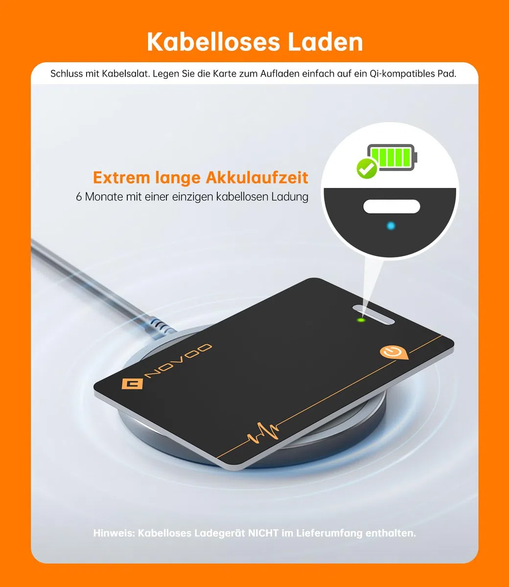 NOVOO Wiederaufladbarer Tracker Air Tag Karte Slim kompatibel mit Apple Find My (nur iOS),Bluetooth Tracker, IP68 Wasserdicht,Dünne Geldbörsenfinder SmartTag Tracker Karte für Wallet,Reisepässe,Gepäck