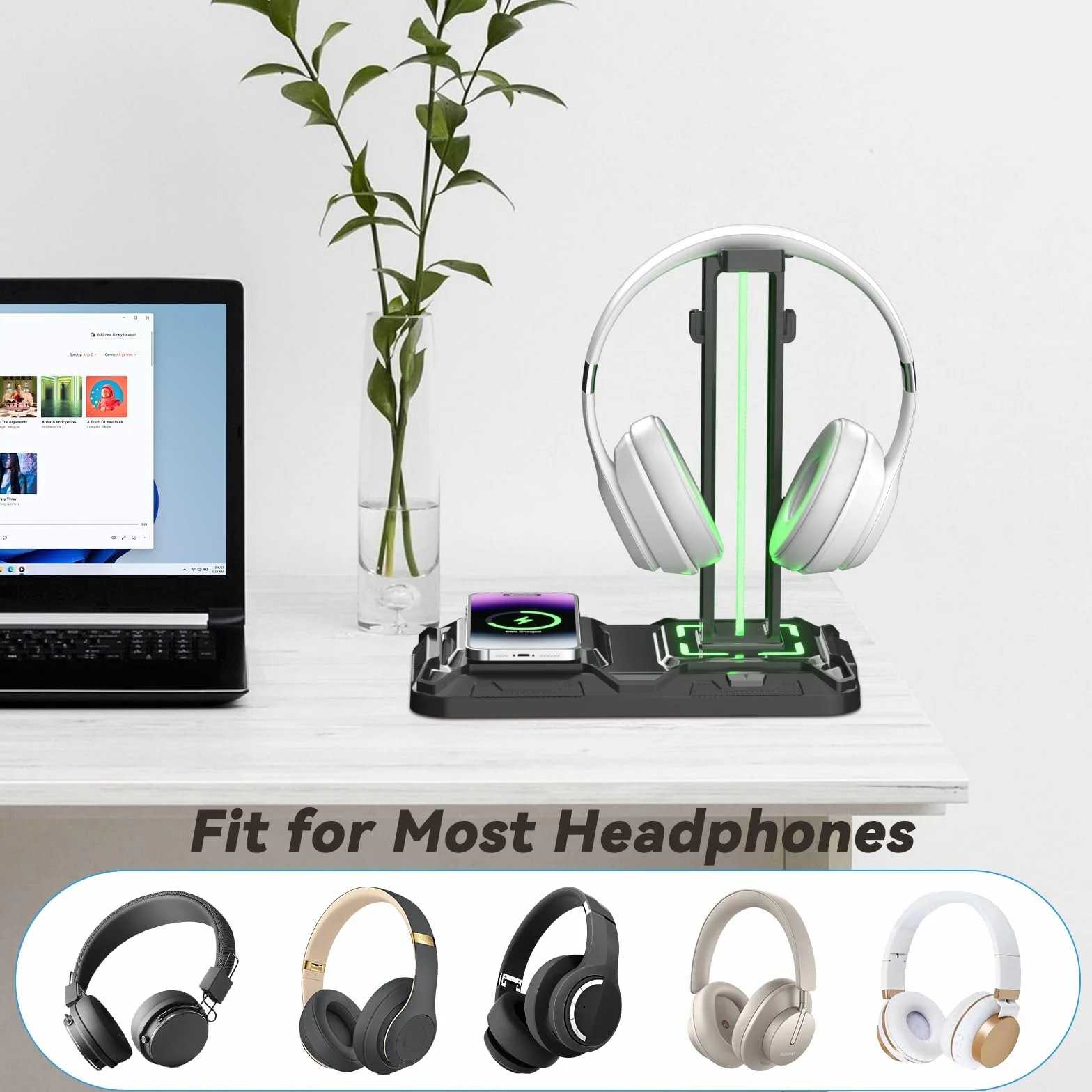 KDD Gaming Headset Halterung mit Wireless Ladegerät - Controller Halter & Kopfhörer Halter Led mit 9 Lichtmodi & 2 USB & 1 Typ-C Anschlüssen - Headphone Stand für Alle Kopfhörer PC Gaming Zubehör