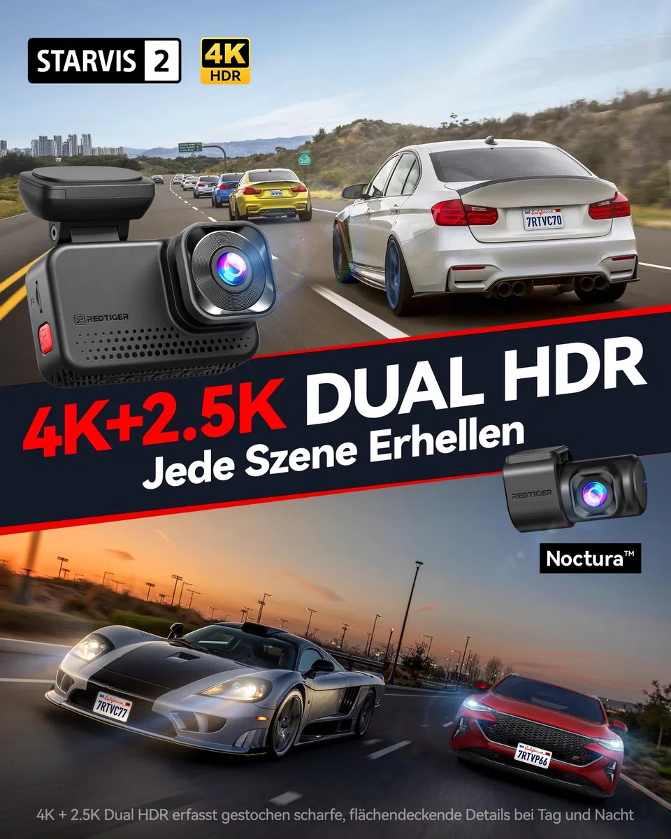 REDTIGER VC70 4K+2,5K Dashcam Auto Vorne Hinten, STARVIS 2, 5,8 GHz WiFi