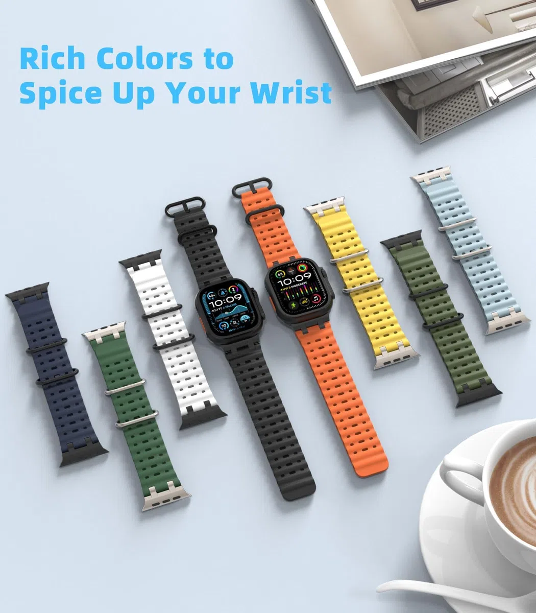MoKo Ocean Armband Kompatibel mit Apple Watch Ultra 3/2/1 49 mm, S11/S10 46 mm, 9/8/7 45 mm, SE3/SE2/SE/6/5/4 44 mm, 3/2/1 42 mm, Atmungsaktives Silikon-Sportarmband mit Metallverbinder Männer Frauen
