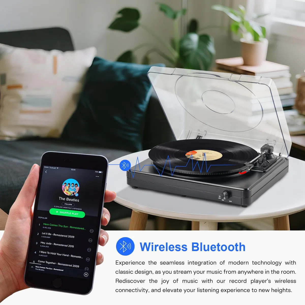 Vintage Plattenspieler 3-Gang-Bluetooth-Plattenspieler mit integrierten Stereo-Lautsprechern, Riemenantrieb, LP-Vinyl-Player mit Staubschutz für Heimdekoration, Schwarz