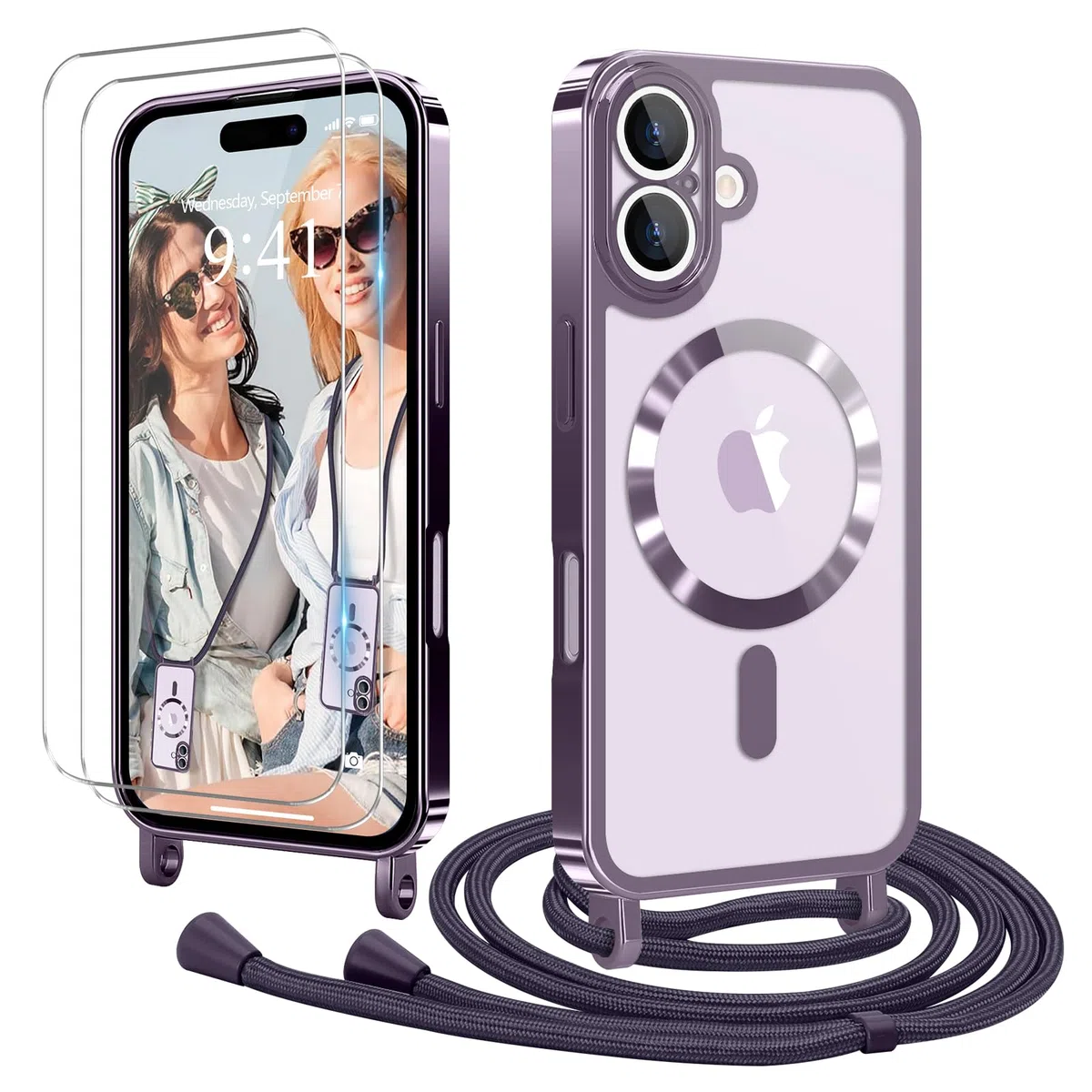 Handyband für iPhone 17 Hülle mit Band + 2 Stück Glas Schutzfolie Transparent Silikon Handyhülle Magnetische Schutzhülle Case zum Umhängen Kordel für iPhone 17 Lila