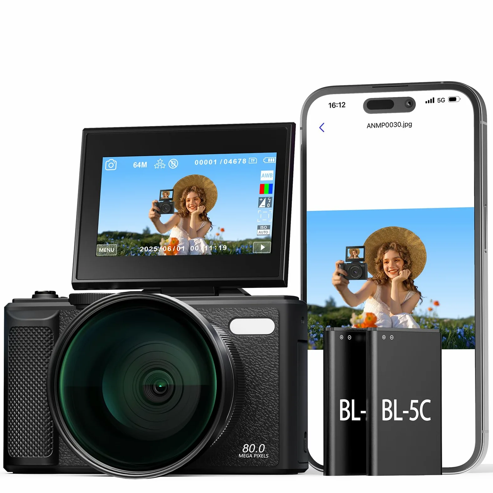 5K WiFi Digitalkamera & Fotokamera 80 MP, Vlogging Kamera für YouTube mit Autofokus, 3" 180° Klappbildschirm, 18X Digitalzoom Reisekamera für Anfänger & Jugendliche, mit 64GB SpeicherKarte & 2 Akkus