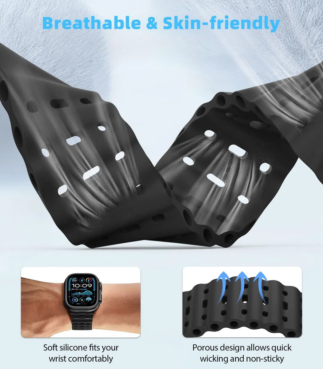 MoKo Ocean Armband Kompatibel mit Apple Watch Ultra 3/2/1 49 mm, S11/S10 46 mm, 9/8/7 45 mm, SE3/SE2/SE/6/5/4 44 mm, 3/2/1 42 mm, Atmungsaktives Silikon-Sportarmband mit Metallverbinder Männer Frauen