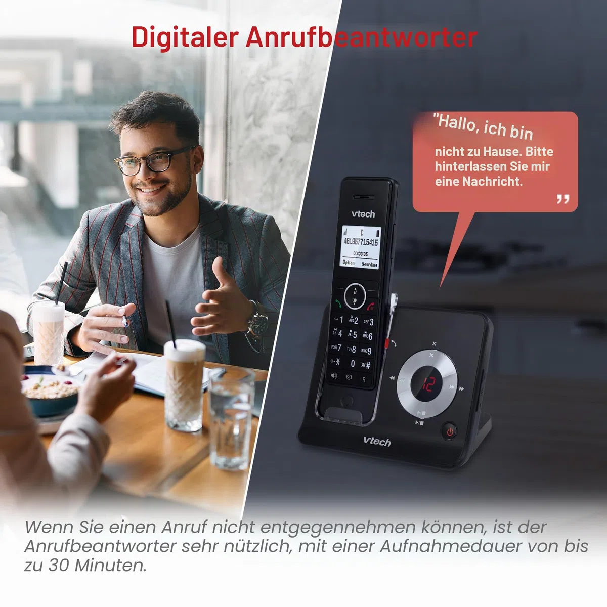 VTech MS3050 Schnurloses Festnetztelefon DECT mit Anrufsperre, Anrufbeantworter, Anrufer-Identifikation/Anruf ausstehend, Lautstärkeregler, Freisprecheinrichtung, schnelle Nummerierung