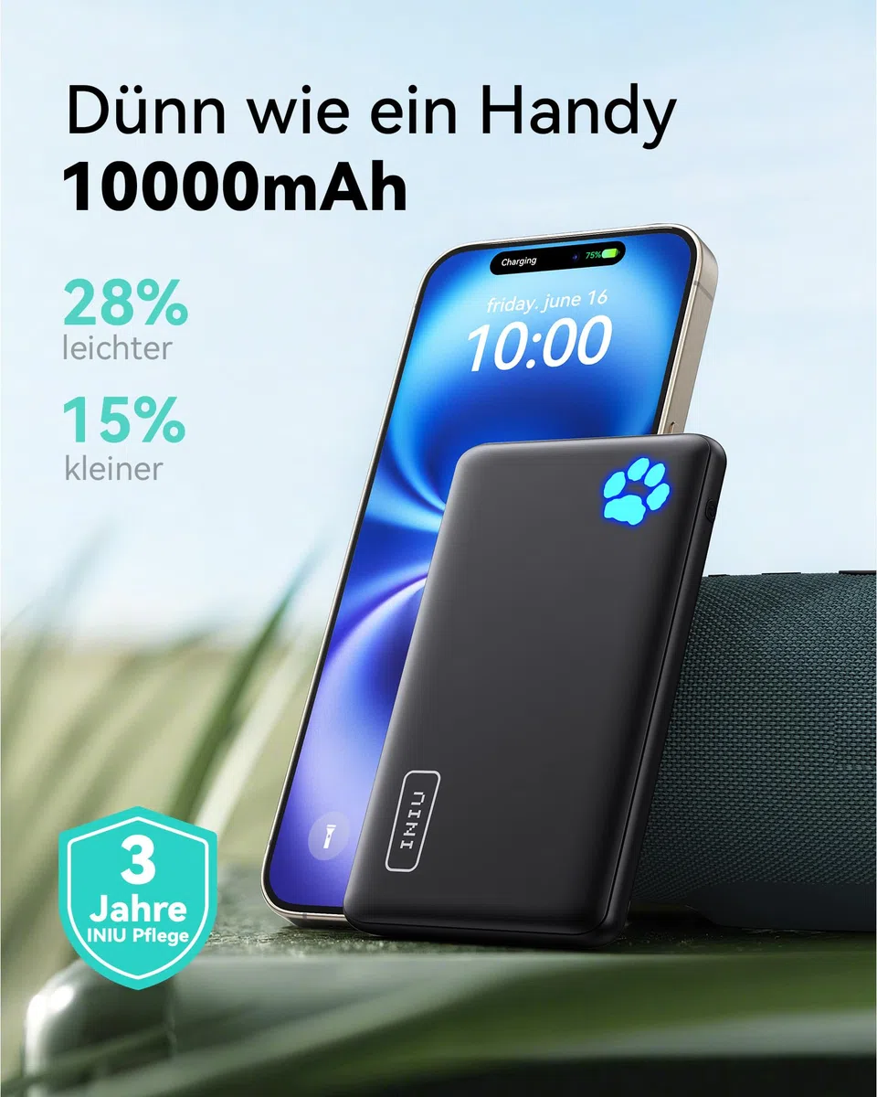 INIU Power Bank, Ultra Slim 10000mAh Powerbank Klein Aber Stark, USB C Input & Output, Externe Handyakkus Triple 3A with Flashlight, Kompatibel mit iPhone 17 16 15 14 13 12 Pro Max Samsung Huawei