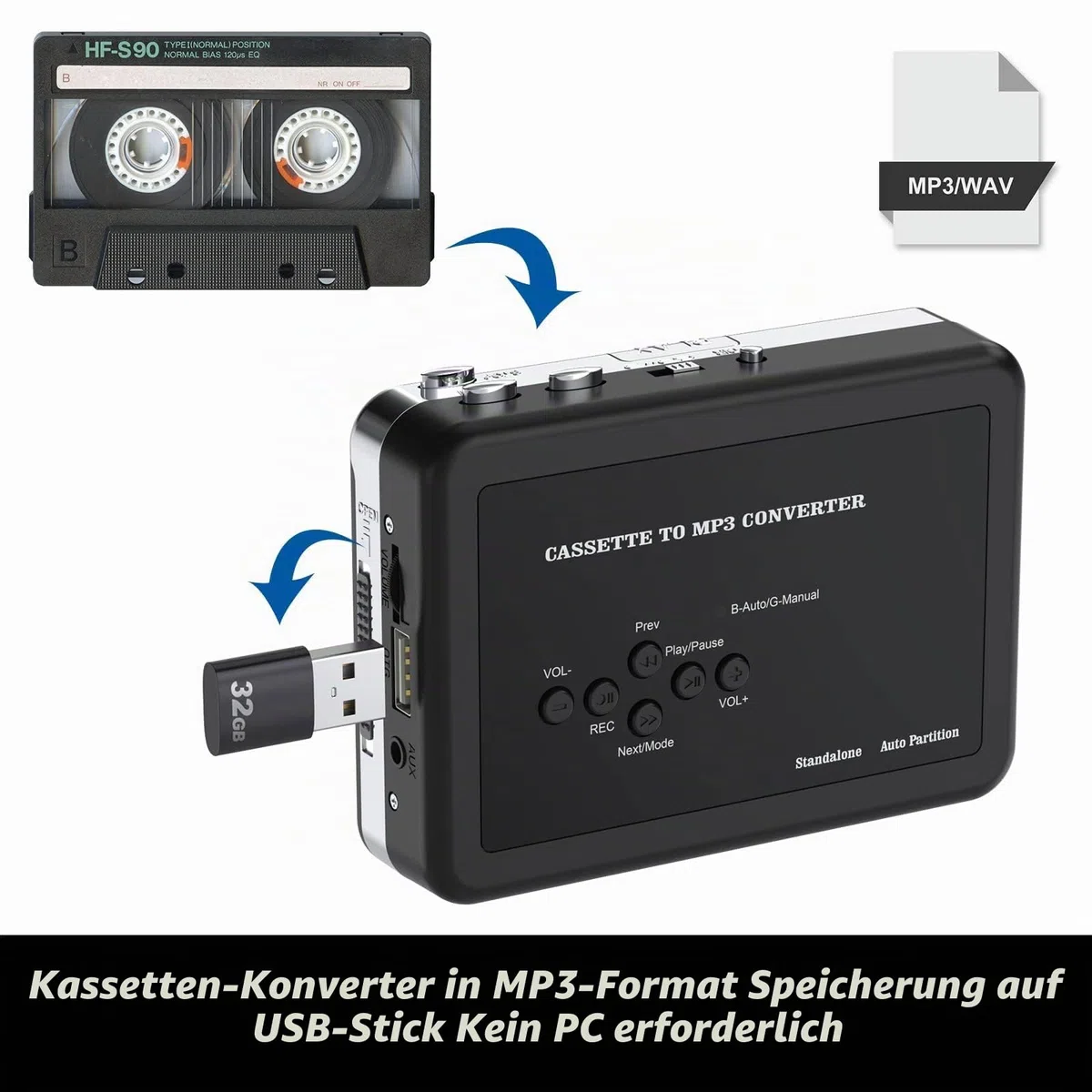Rybozen Kassettenspieler, tragbarer USB-Kassetten-zu-MP3-Konverter, Walkman Audio-Musik-Tape-zu-Digital-Konverter, Player mit Kopfhörern, speichert auf USB-Laufwerk, kein PC erforderlich