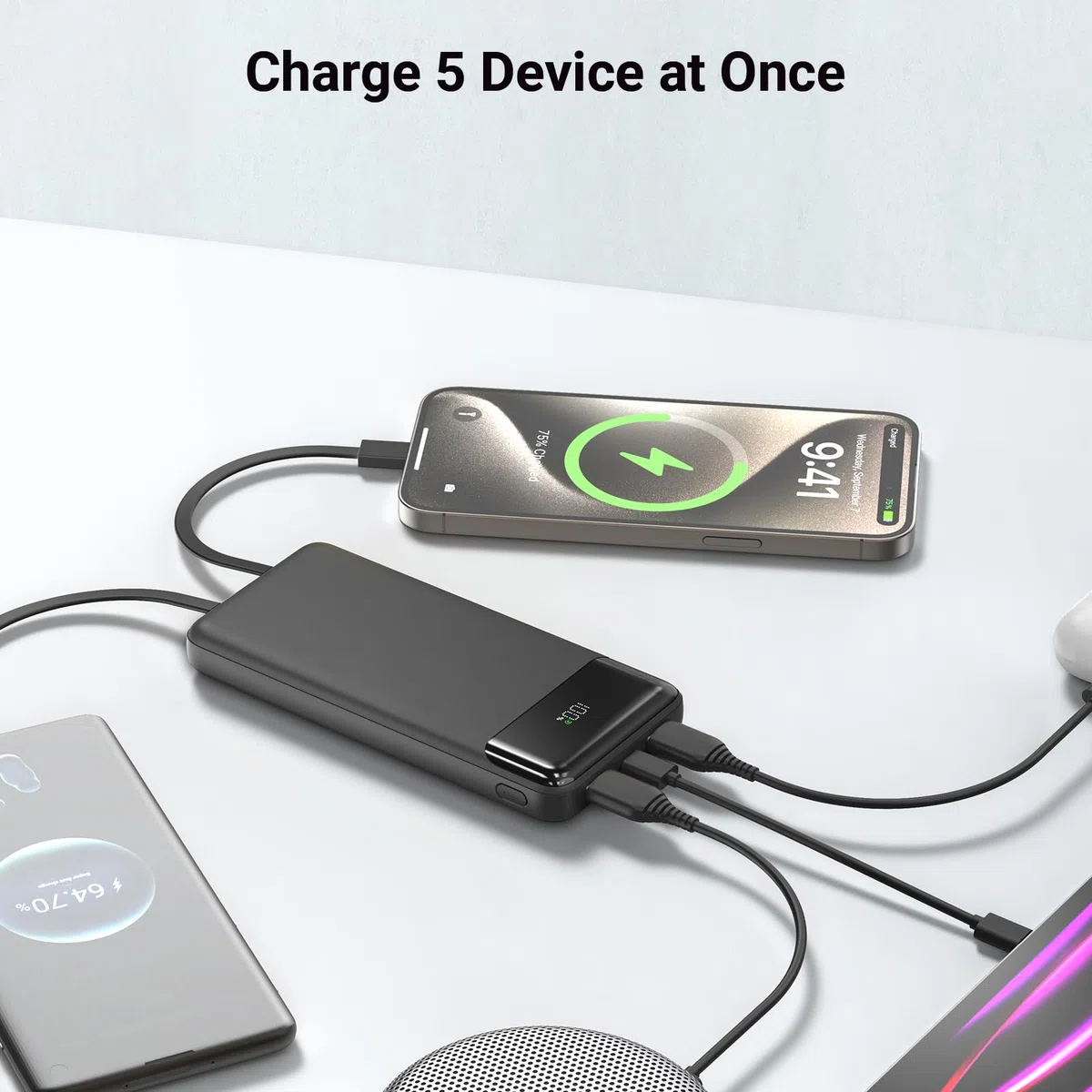 Power Bank 20000mAh mit Integrierten 3 Kabeln, 22,5 W Schnellladung PowerBank Externe Handyakkus PD 3.0 QC 3.0 USB-C EIN und Ausgang, Tragbares Ladegerät für iPhone, Samsung, und mehr