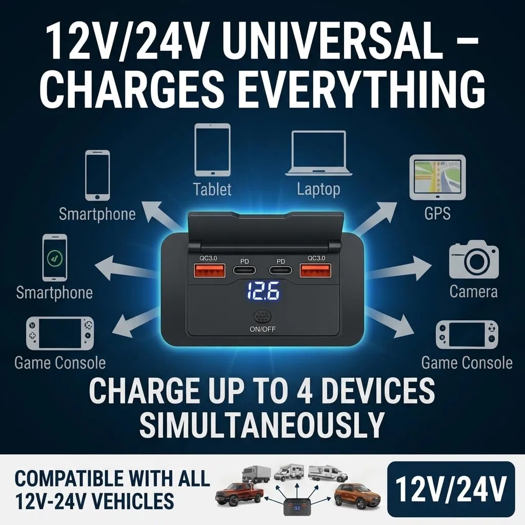 96W 12v USB Steckdose zur Wandmontage – Dual 36W USB-C PD & Dual QC3.0 18W Auto Ladebuchse mit wasserdichtem Schalter, Aufputzmontage für Wohnmobil, DE-car Charger 1p