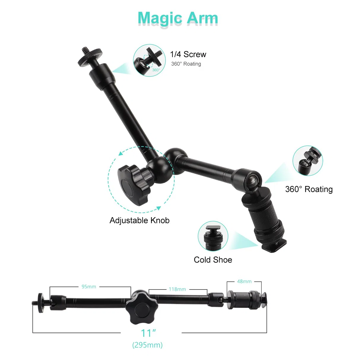 11 Zoll Verstellbarer Gelenkarm Magic Arm, Super Clamp mit 1/4" und 3/8" Schraubenlöchern und Einer Doppelloch-Telefonhalterung für Foto, Video und Kameraausrüstung