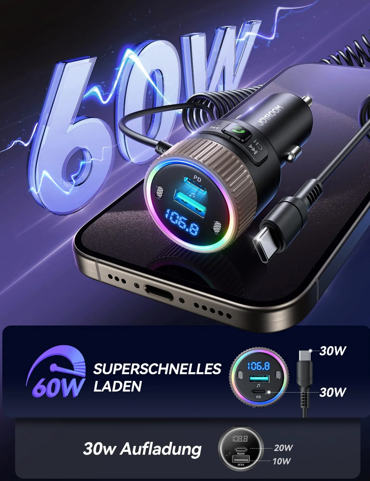 JOYROOM 2026 Neueste 5.4 Bluetooth Adapter Auto 60W [PD 30W & USB-C Spiralkabel 30W] FM Transmitter für Auto Hi-Fi Musikplayer, Freisprecheinrichtung, Dual-Mikrofon, LED-Licht, U-Disk