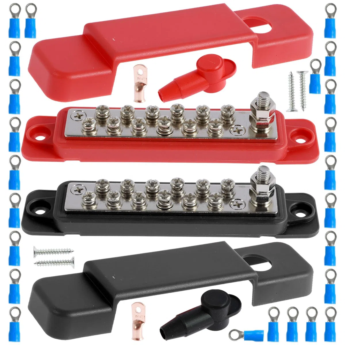 Sammelschiene 12V-48V, bis 150A Stromverteilerblock mit Abdeckung und Schrauben Klemmenbolzen DC- Sammelschienen Verteilerblock mit Abdeckung Sammelschiene Verteilerblock für PKW,Wohnmobil,LKW,Boot