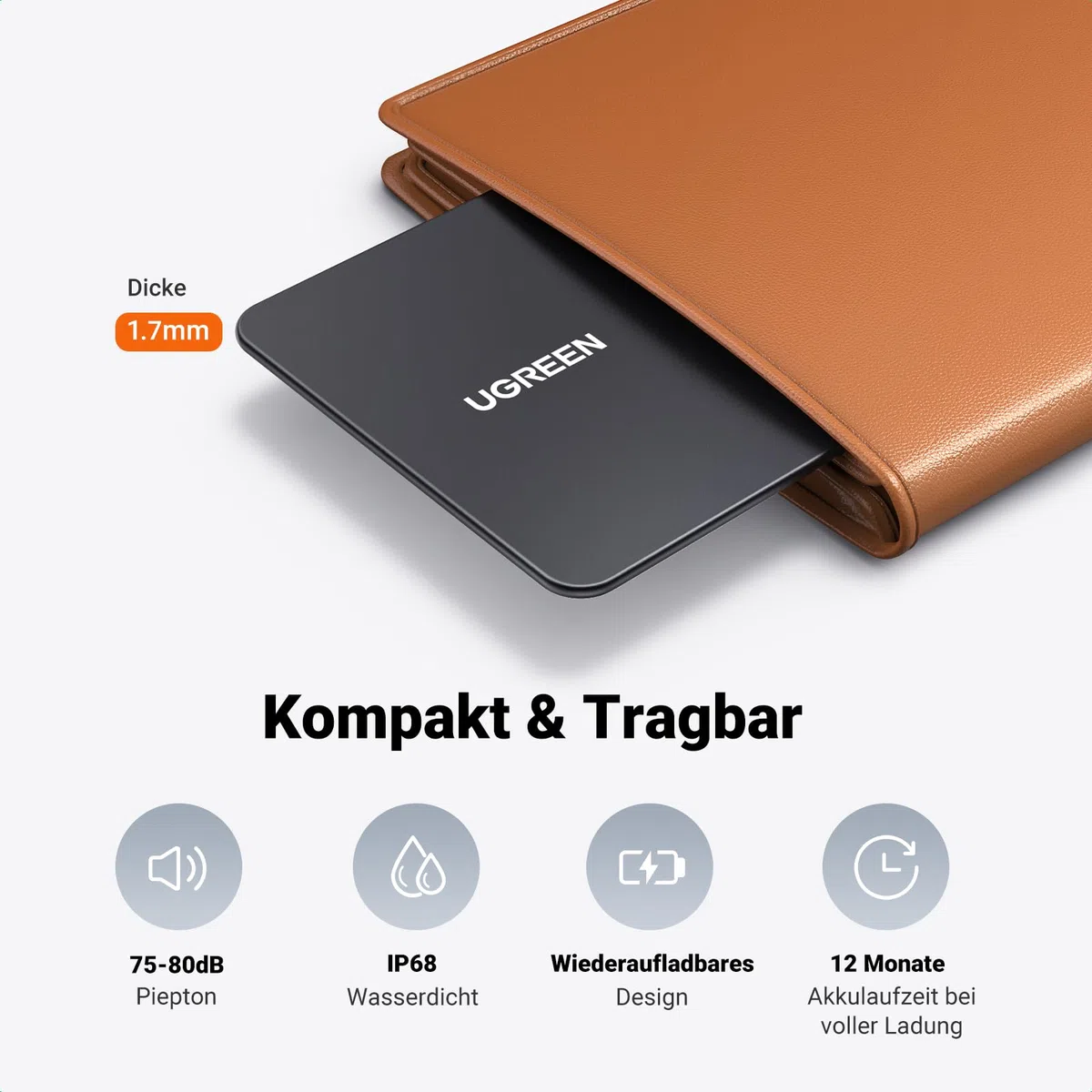 UGREEN FineTrack Slim kompatibel mit Apple Find My (nur iOS), Bluetooth Tracker, IP68 Wasserdicht, wiederaufladbarer Geldbörsenfinder, SmartTag Tracker Karte für Wallet, Reisepässe, Gepäck